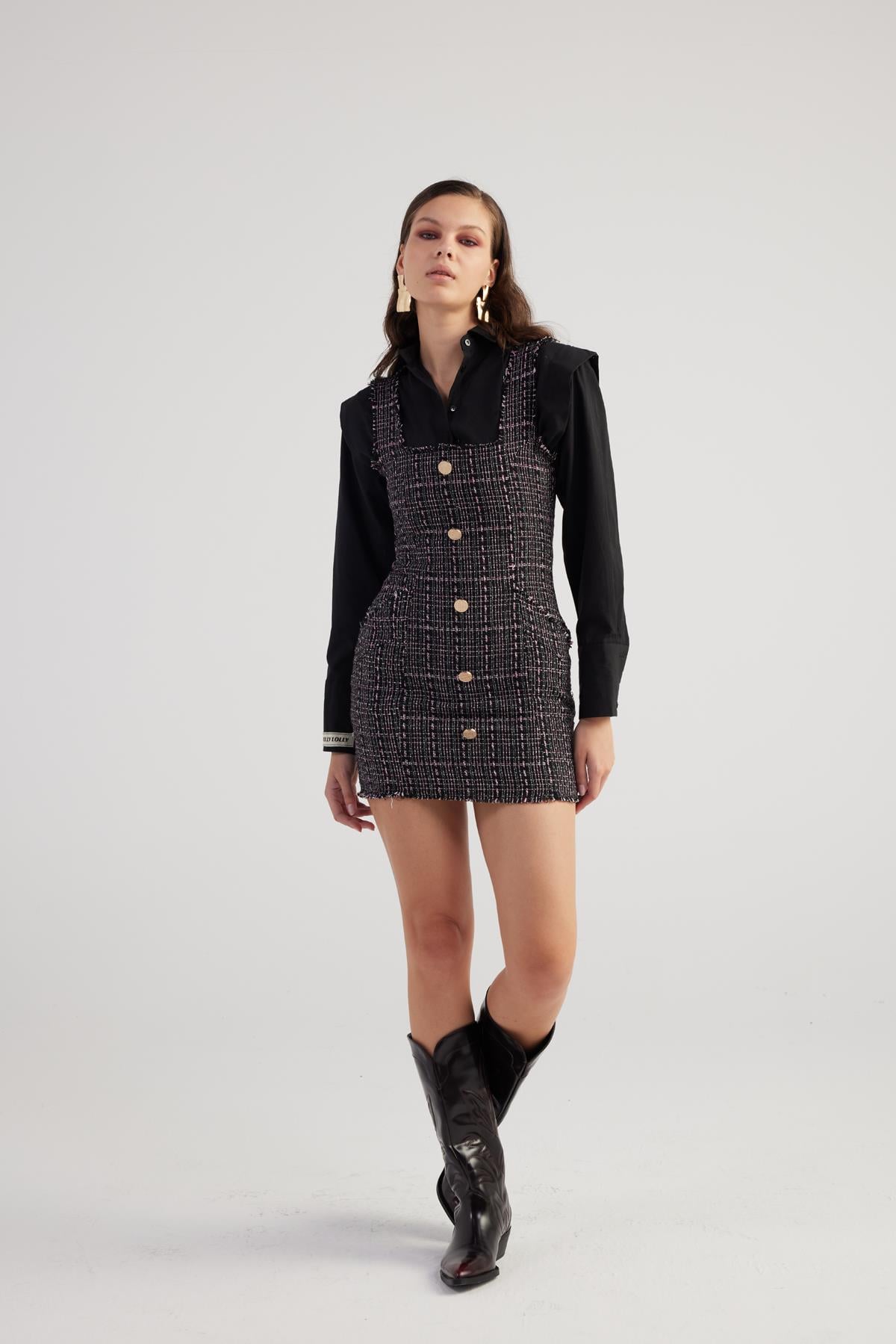 Image of Metal Düğme Detaylı Mini Tweed Elbise Siyah