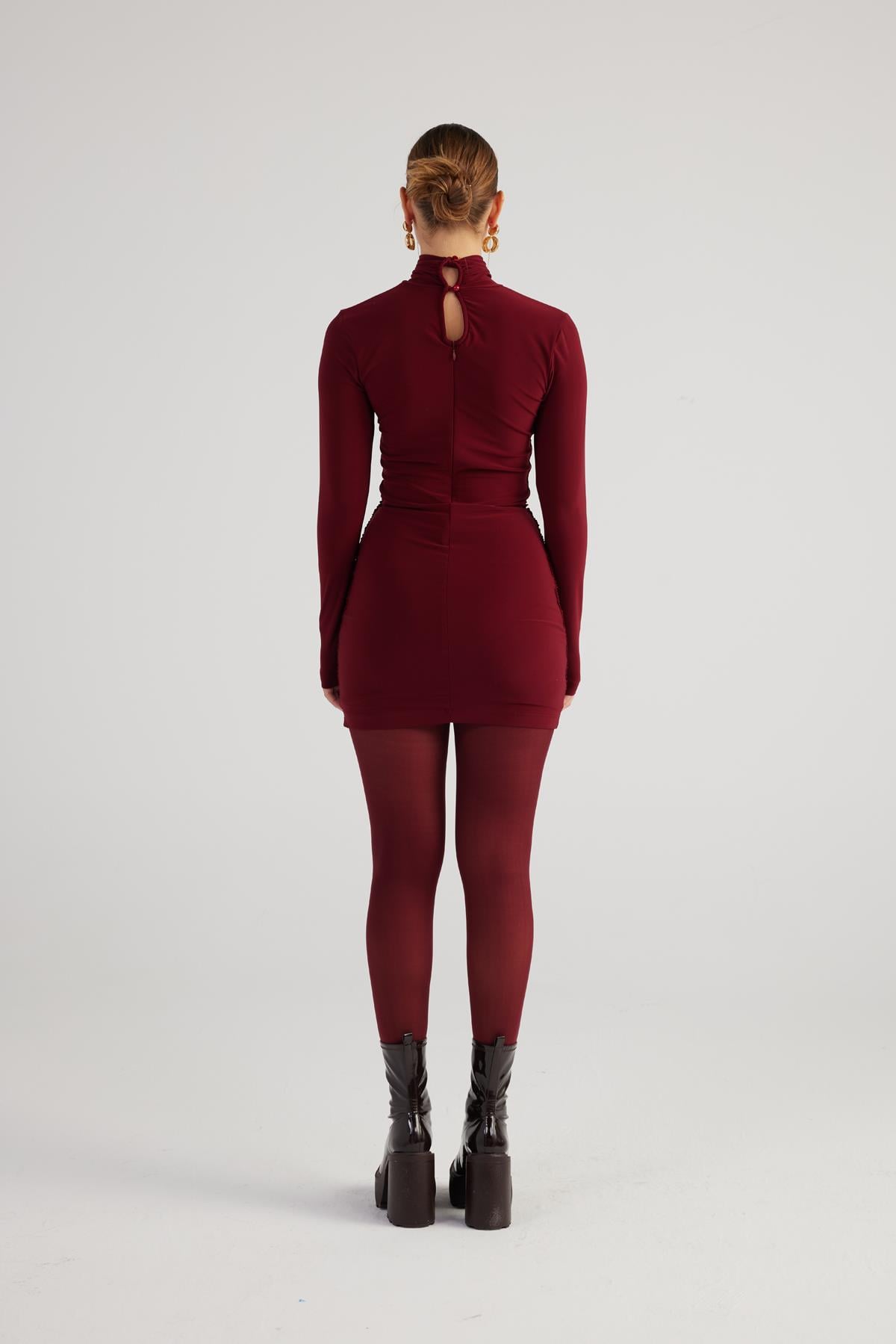 Image of Balıkçı Yaka Büzgülü Mini Tami Elbise Bordo