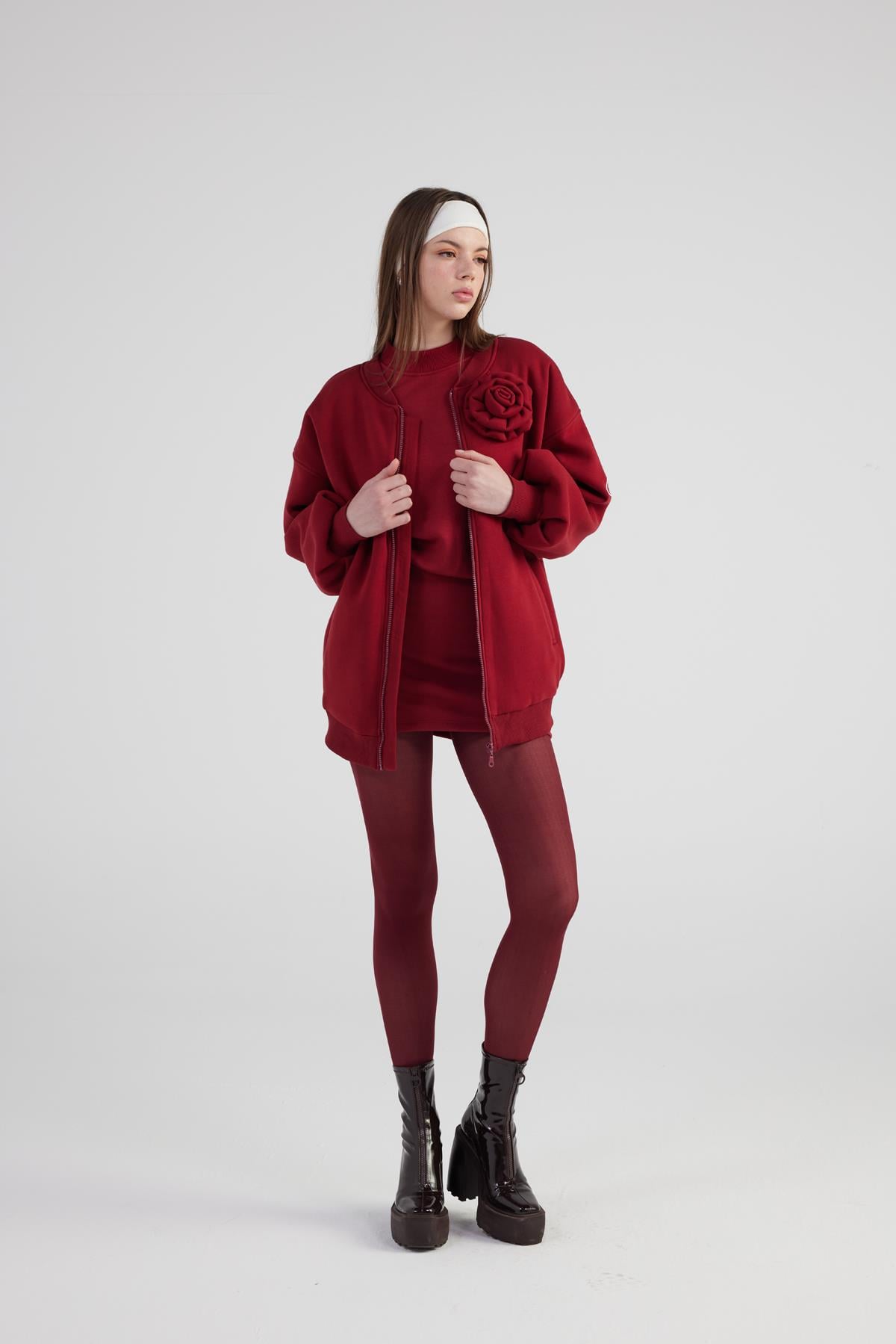 Image of Oversize Çıkarılabilir Gül Detaylı Astarlı Alexa Bomber Ceket Bordo