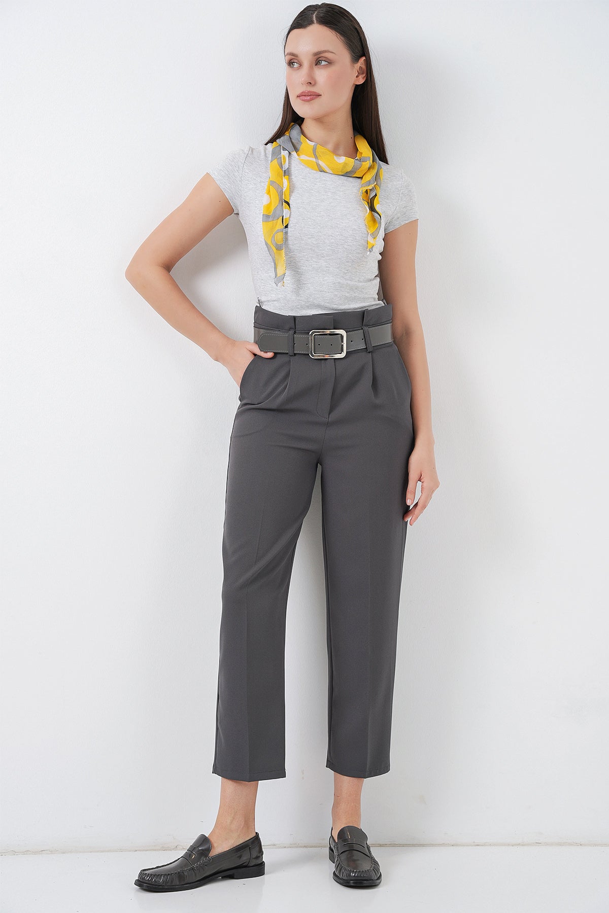 Image of 6556 Kemerli Kumaş Pantolon - Antrasit