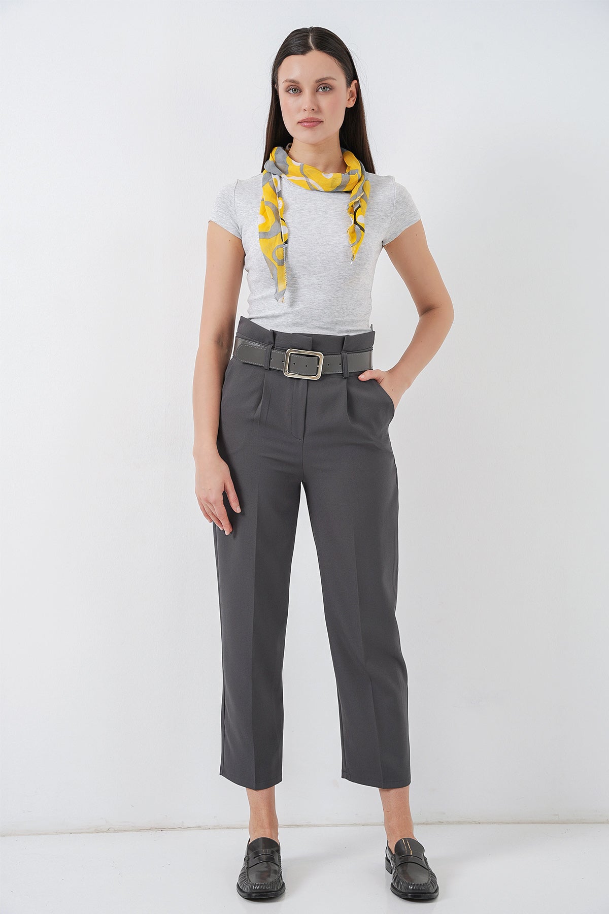 Image of 6556 Kemerli Kumaş Pantolon - Antrasit