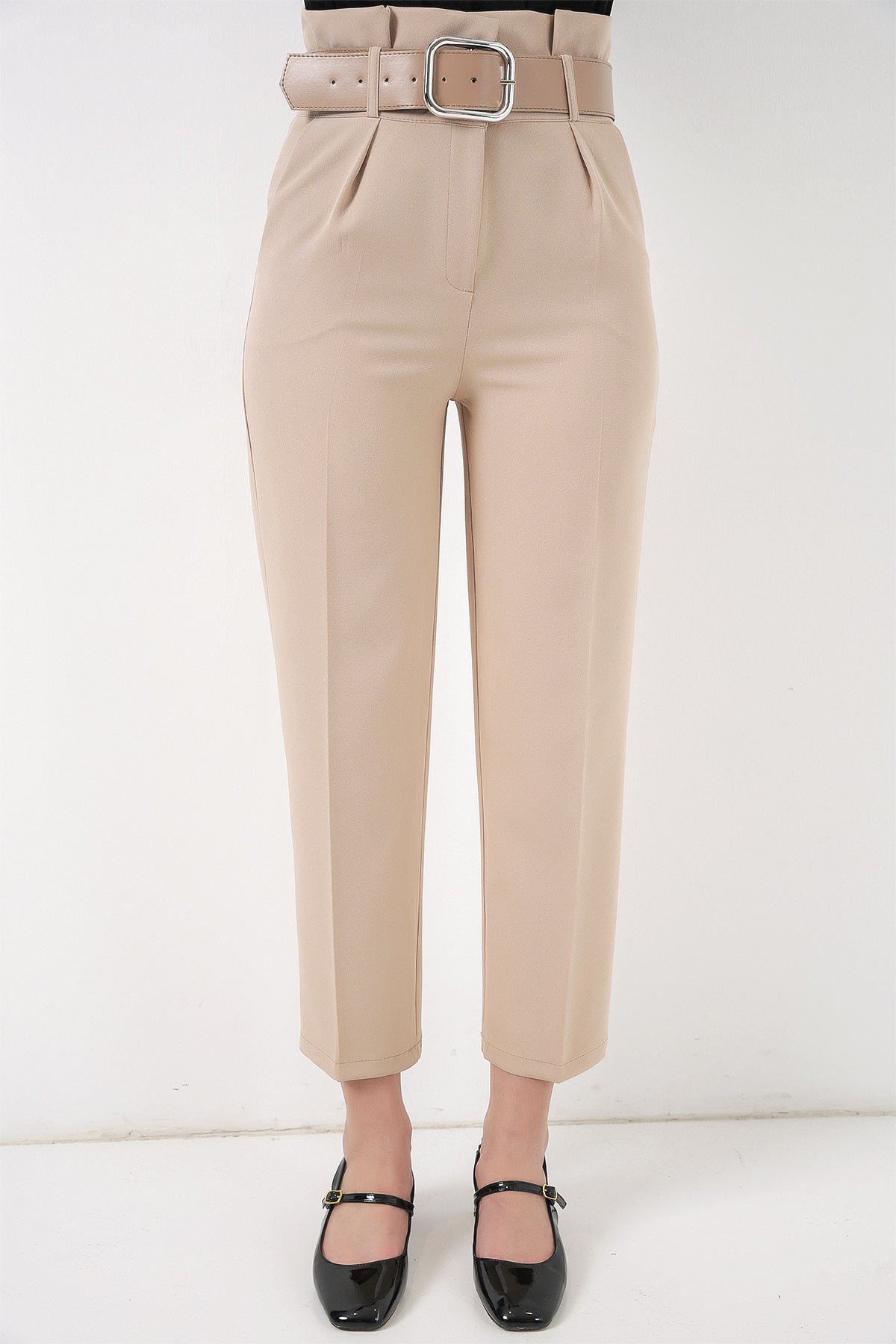 Image of 6556 Kemerli Kumaş Pantolon - Krem