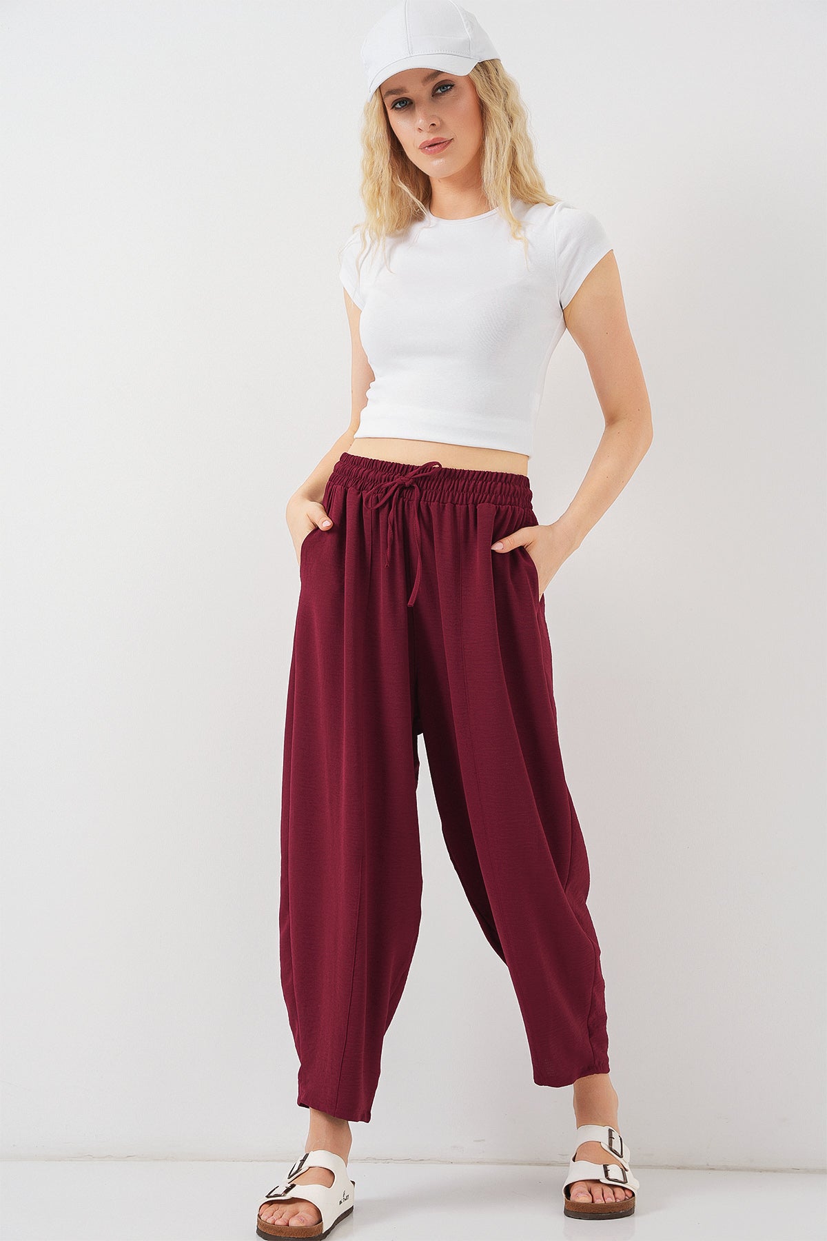 Image of 6591 Dokuma Şalvar Pantolon - Bordo