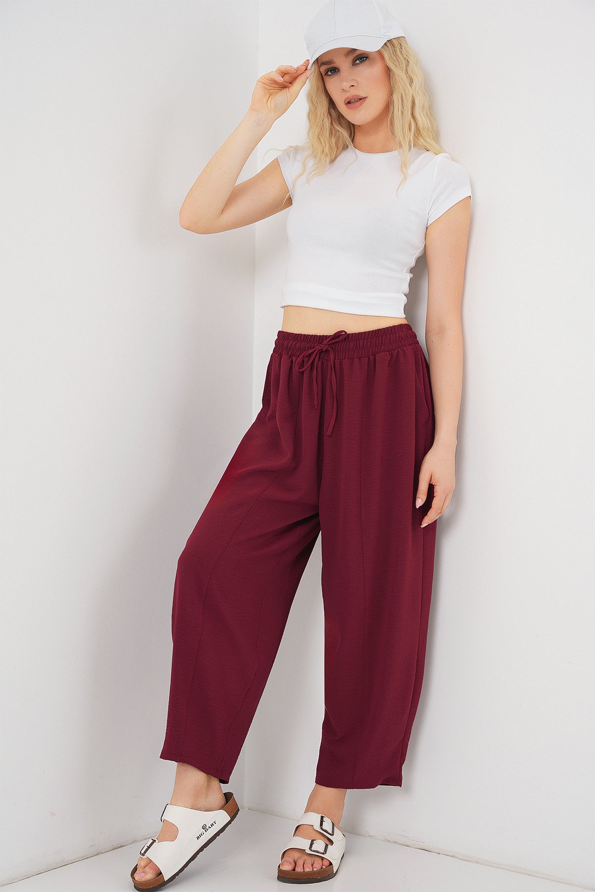 Image of 6591 Dokuma Şalvar Pantolon - Bordo
