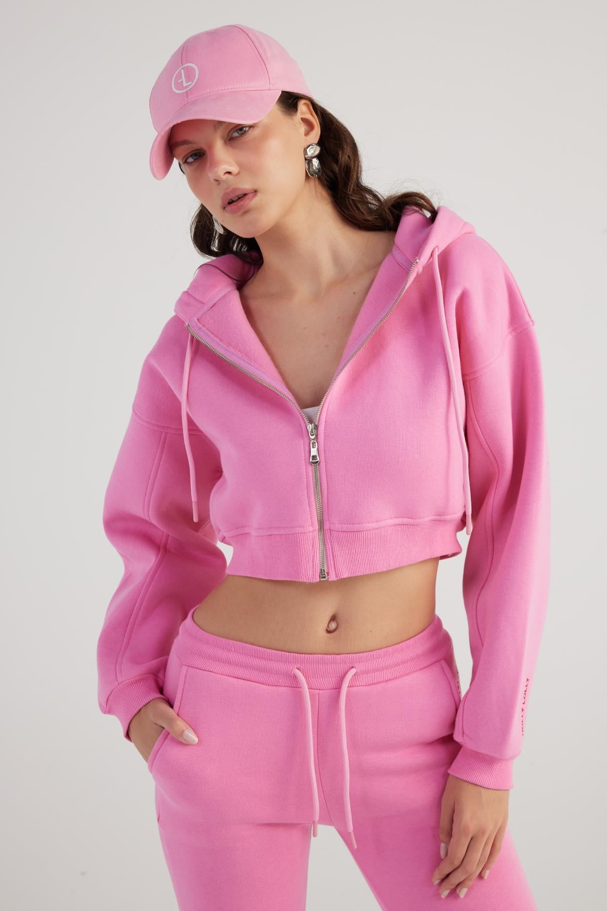 Image of Kadın Pembe Kapüşonlu Uzun Kol Fermuarlı Crop Mixed Sweat