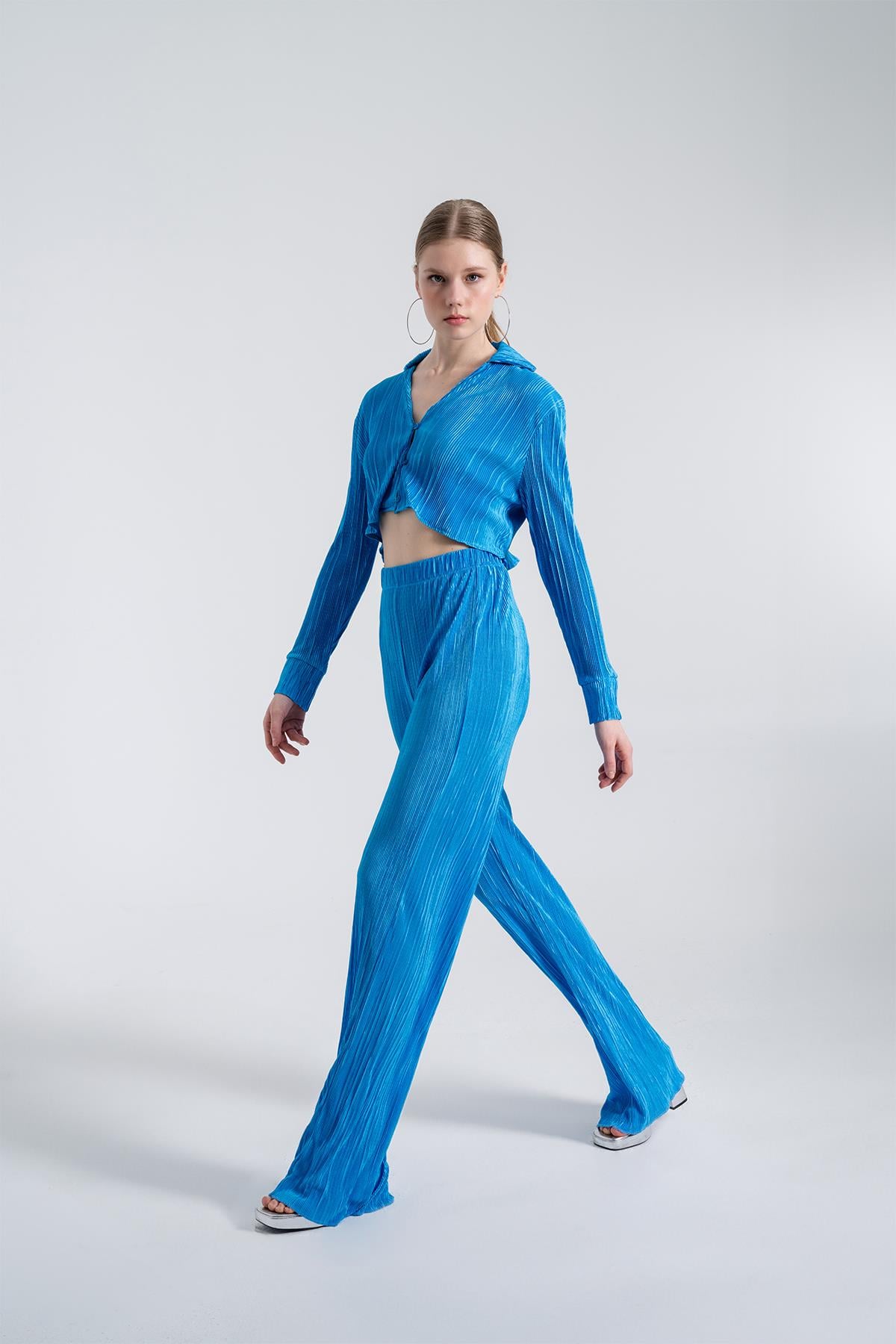 Image of Beli Lastikli Esnek Comfy Pantolon Mavi