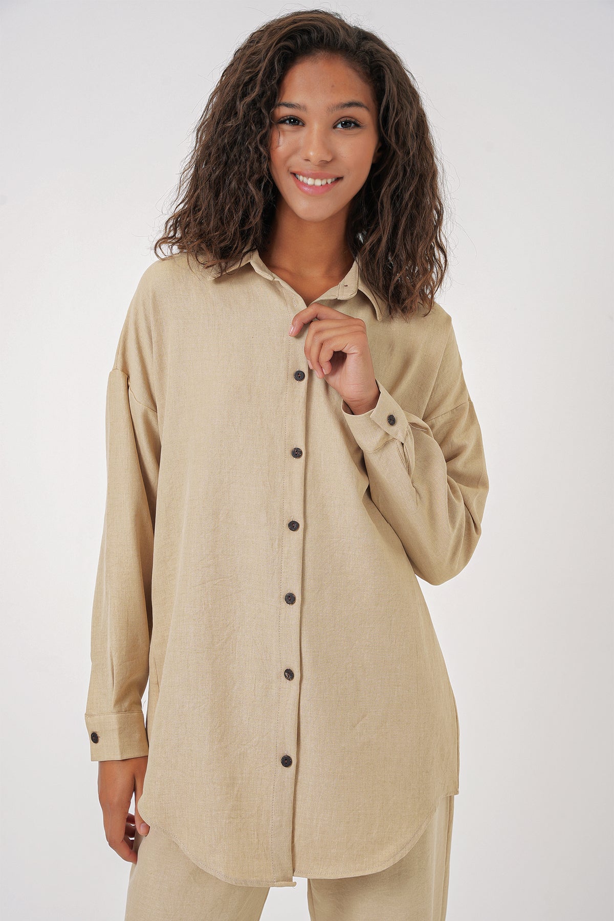 Image of Kadın Bej Oversize Keten Alt Üst Takım 6622
