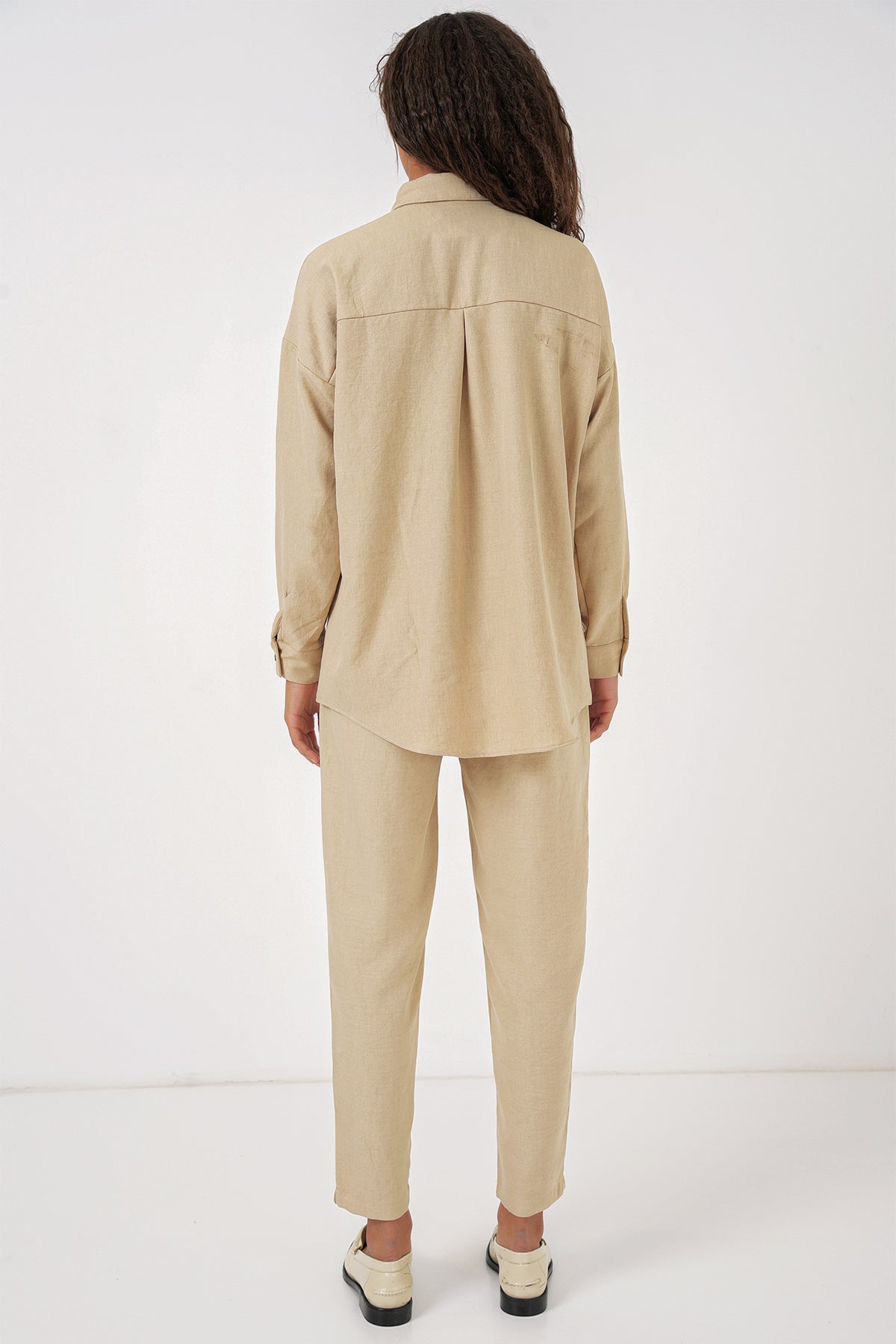 Image of Kadın Bej Oversize Keten Alt Üst Takım 6622