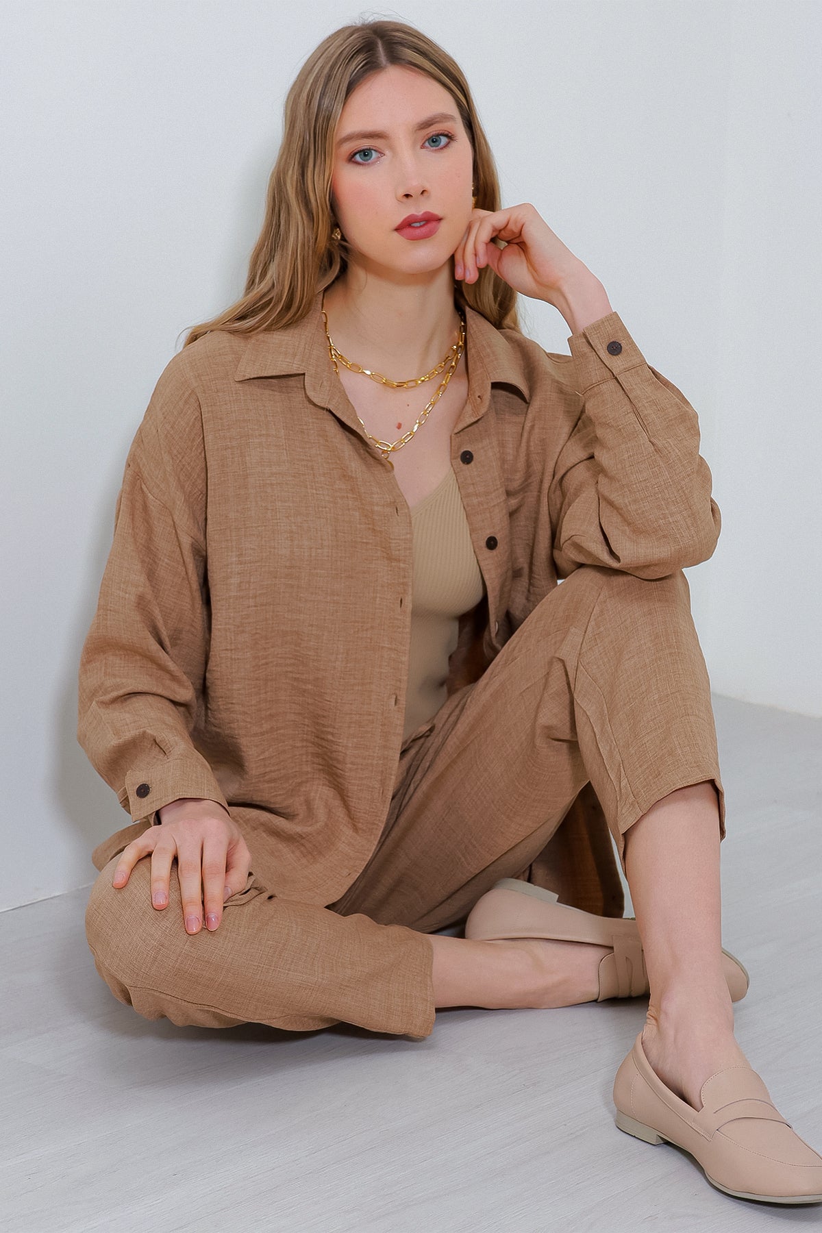 Image of Kadın Camel Oversize Keten Alt Üst Takım 6622