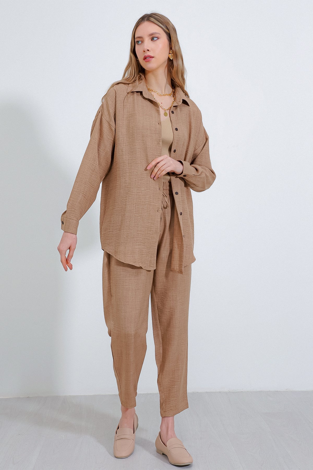 Image of Kadın Camel Oversize Keten Alt Üst Takım 6622