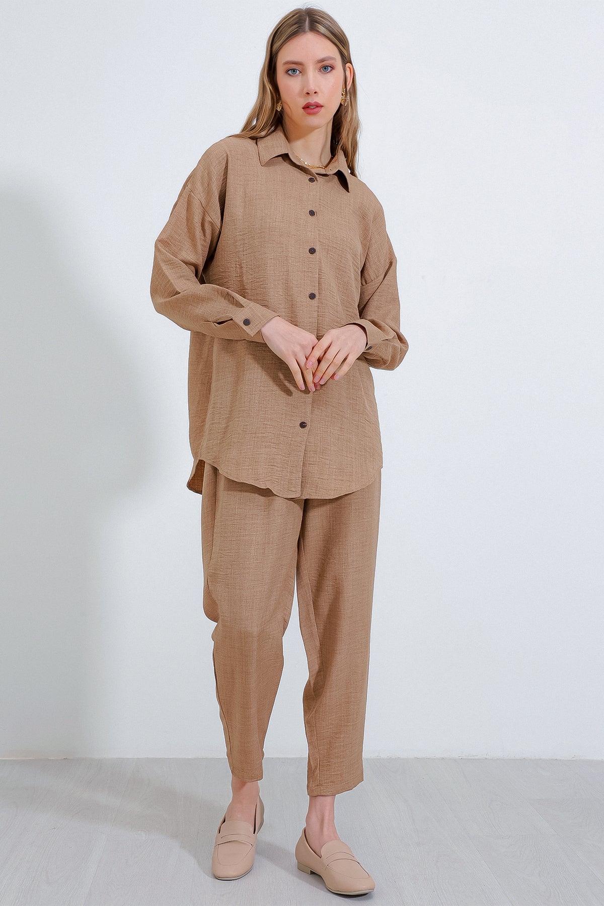 Image of Kadın Camel Oversize Keten Alt Üst Takım 6622