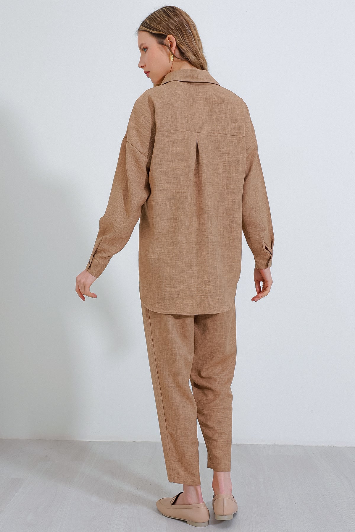 Image of Kadın Camel Oversize Keten Alt Üst Takım 6622