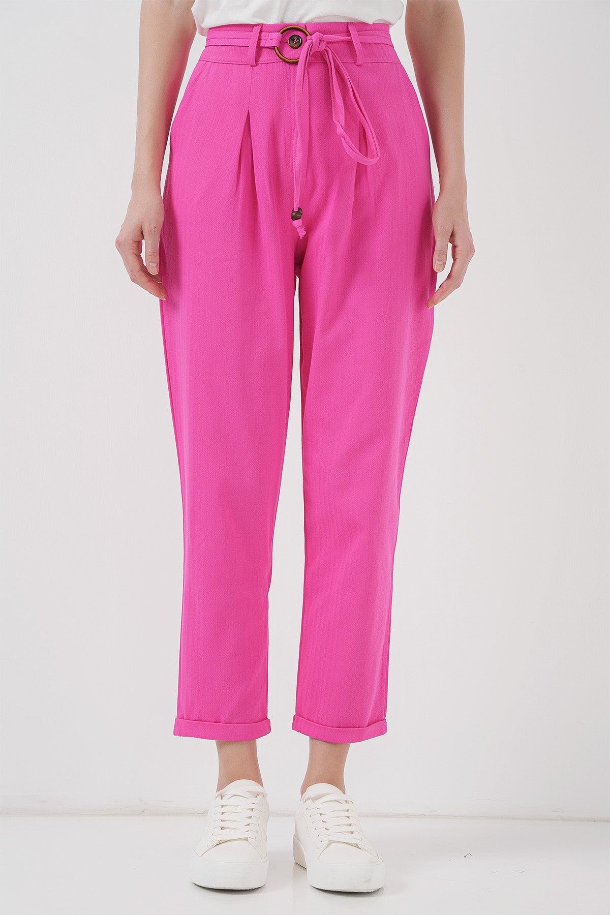Image of Pantaloni din in cu curea 6660 - Fuchsia