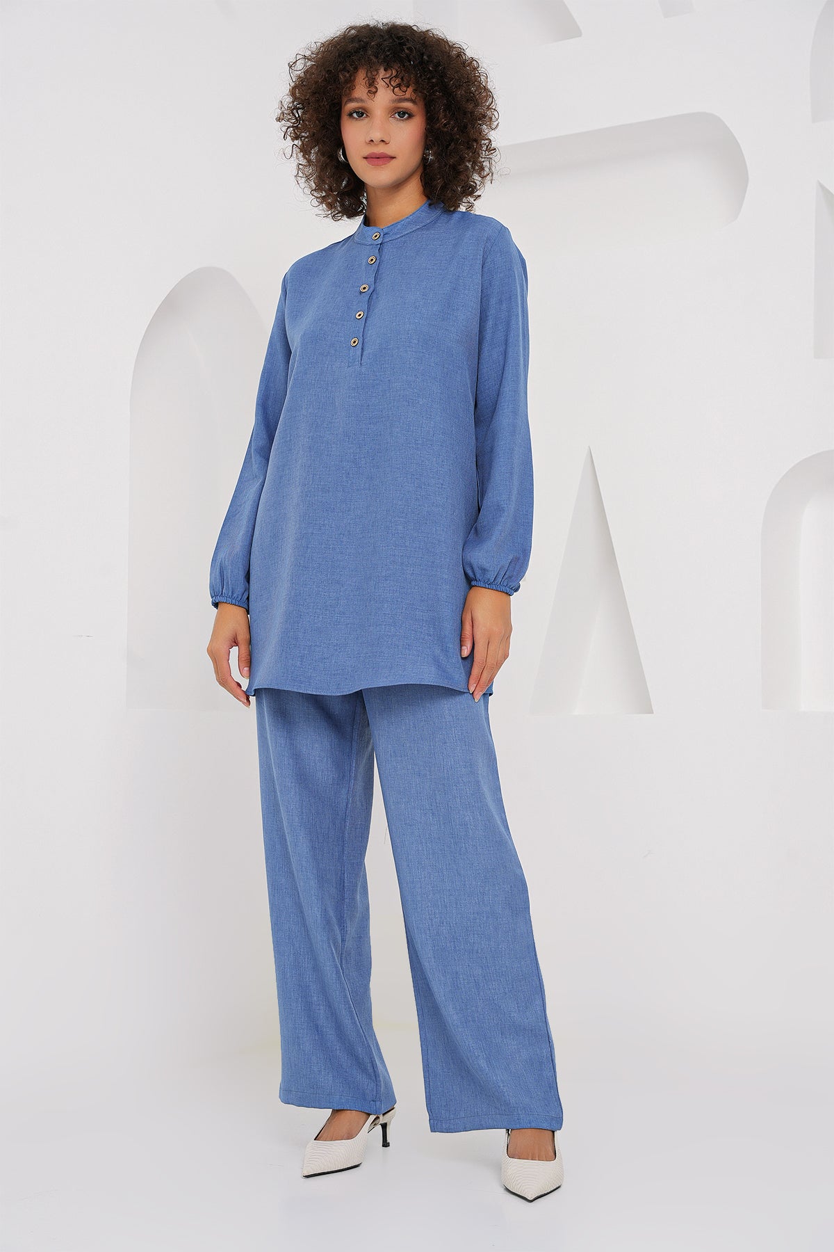 Image of 6678 Keten Tunik Pantolon İkili Takım - İndigo