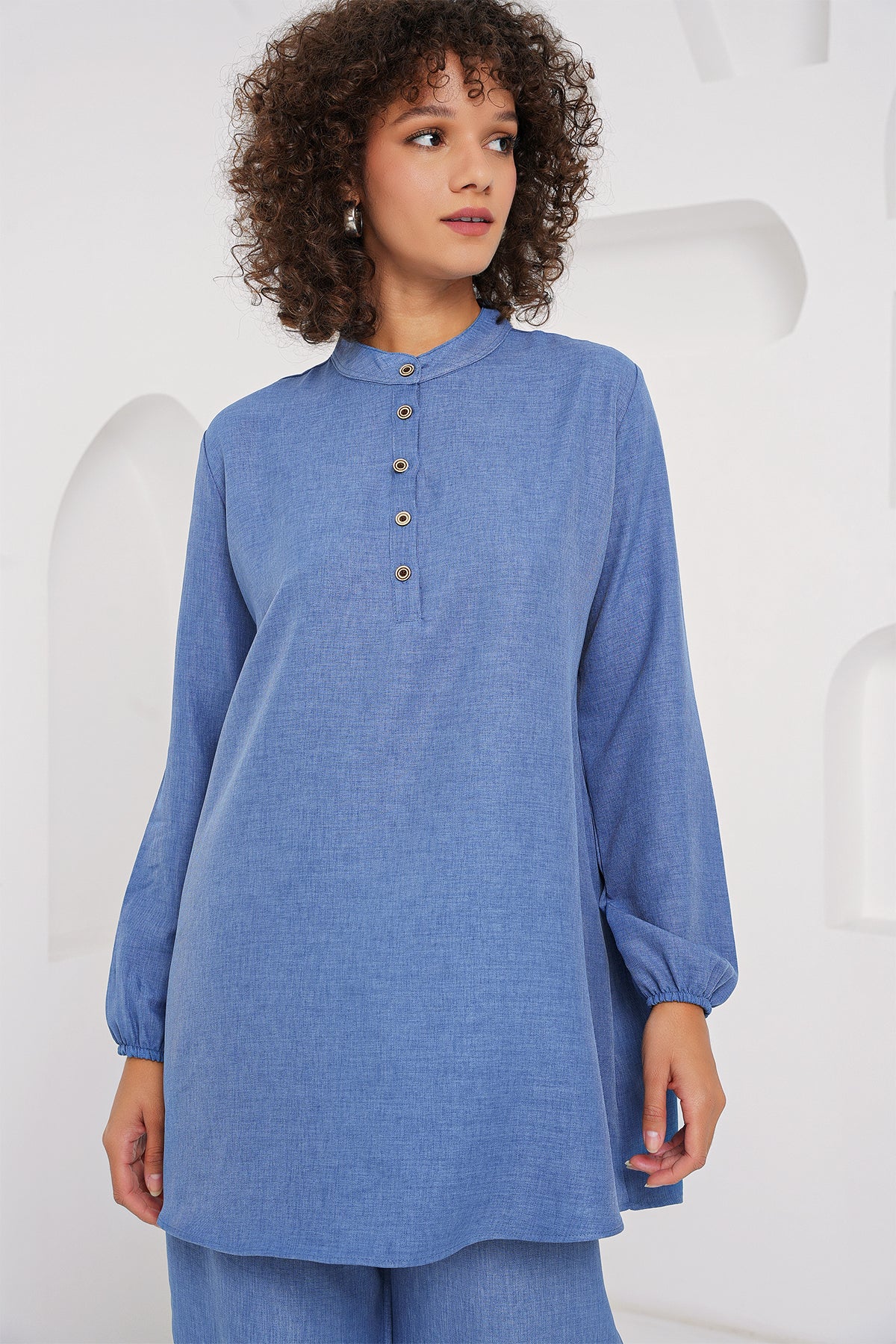 Image of 6678 Keten Tunik Pantolon İkili Takım - İndigo