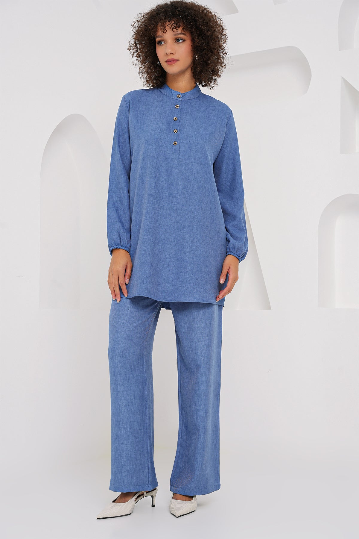 Image of 6678 Keten Tunik Pantolon İkili Takım - İndigo