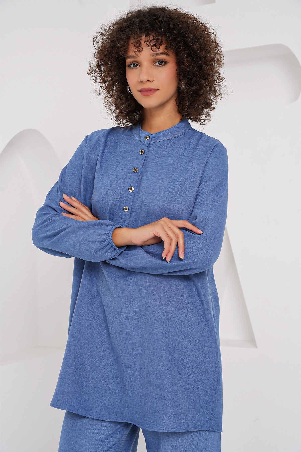 Image of 6678 Keten Tunik Pantolon İkili Takım - İndigo