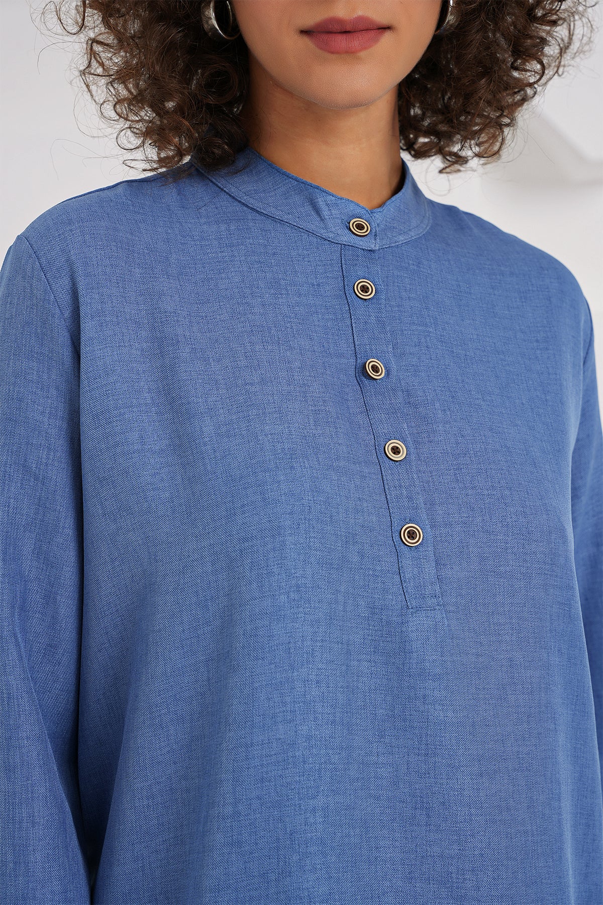 Image of 6678 Keten Tunik Pantolon İkili Takım - İndigo