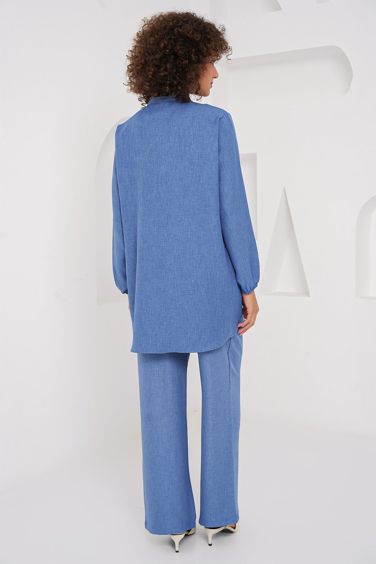 Image of 6678 Keten Tunik Pantolon İkili Takım - İndigo