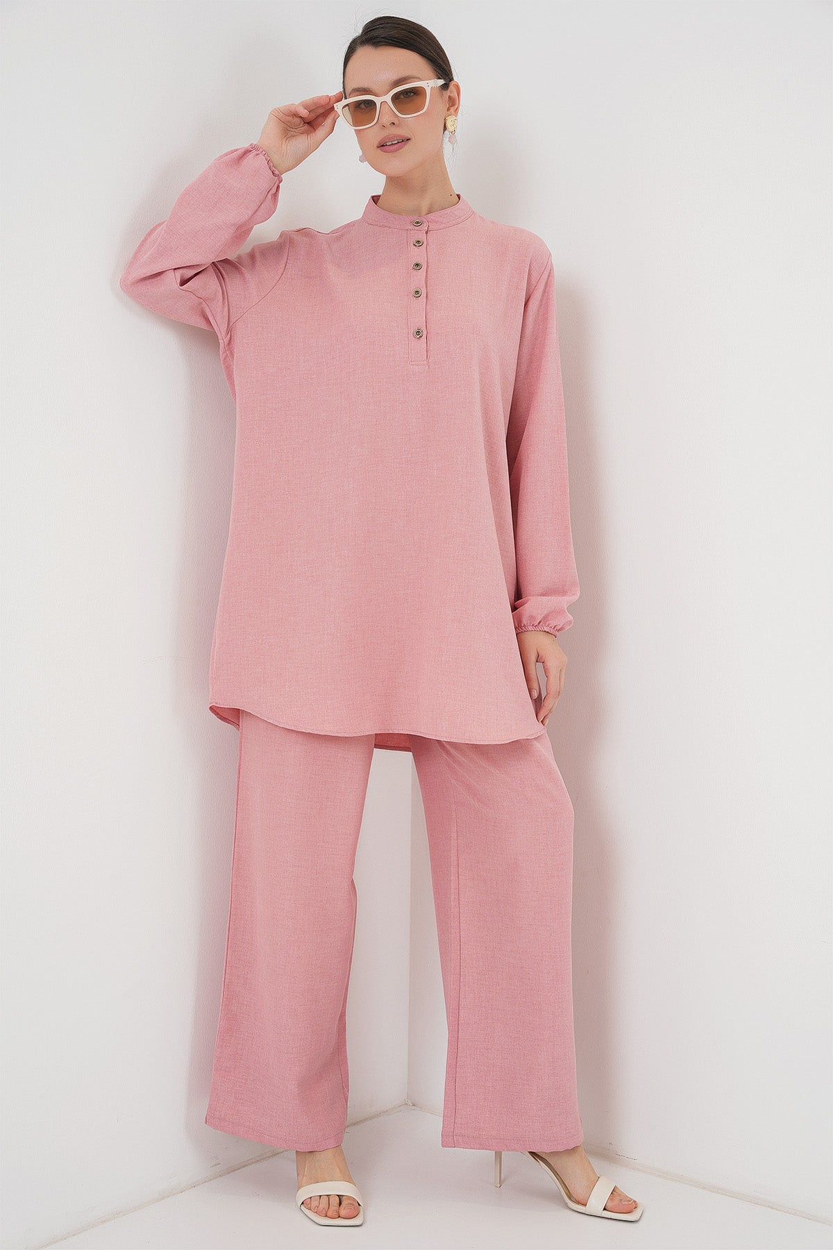 Image of 6678 Keten Tunik Pantolon İkili Takım - Pembe