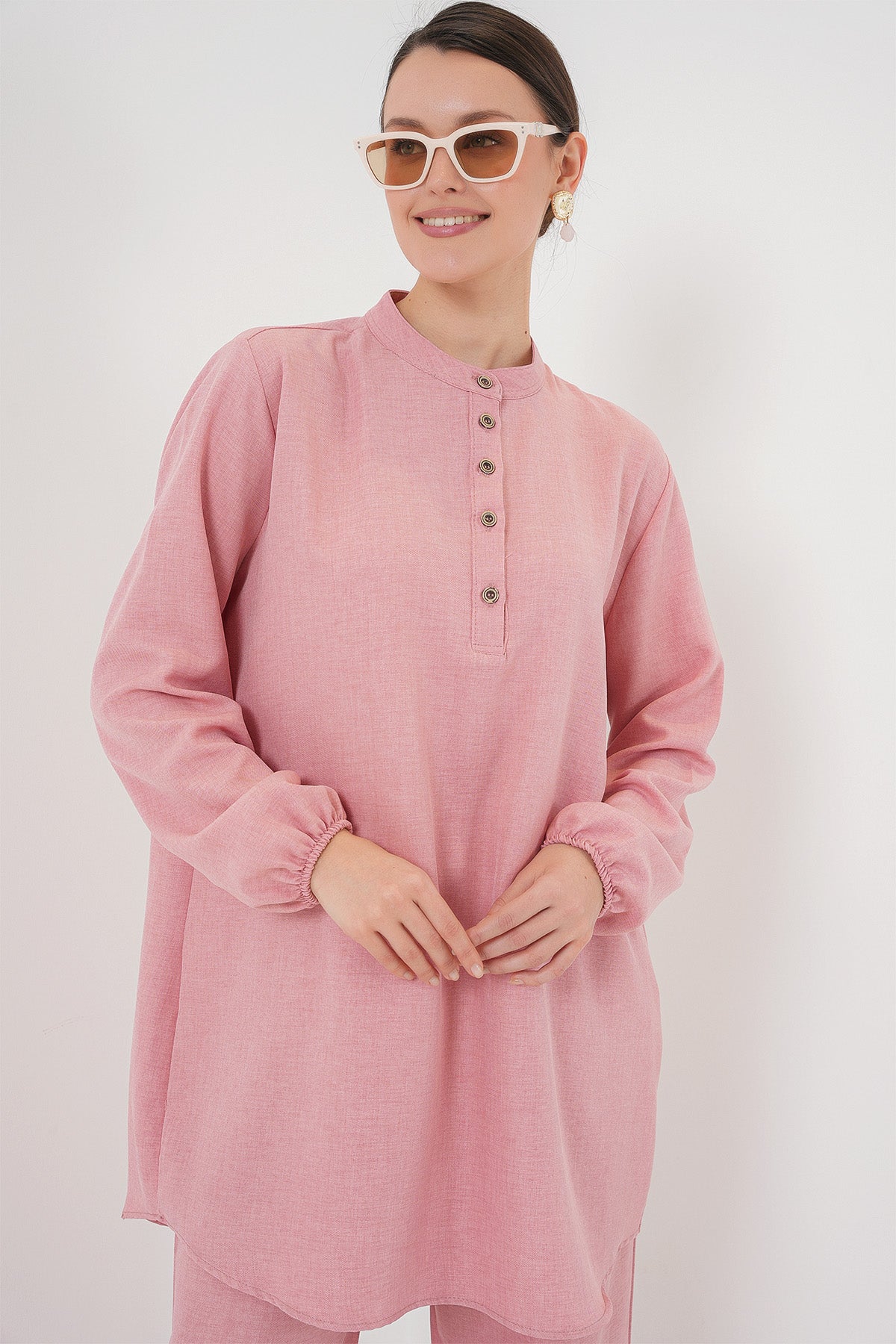 Image of 6678 Keten Tunik Pantolon İkili Takım - Pembe