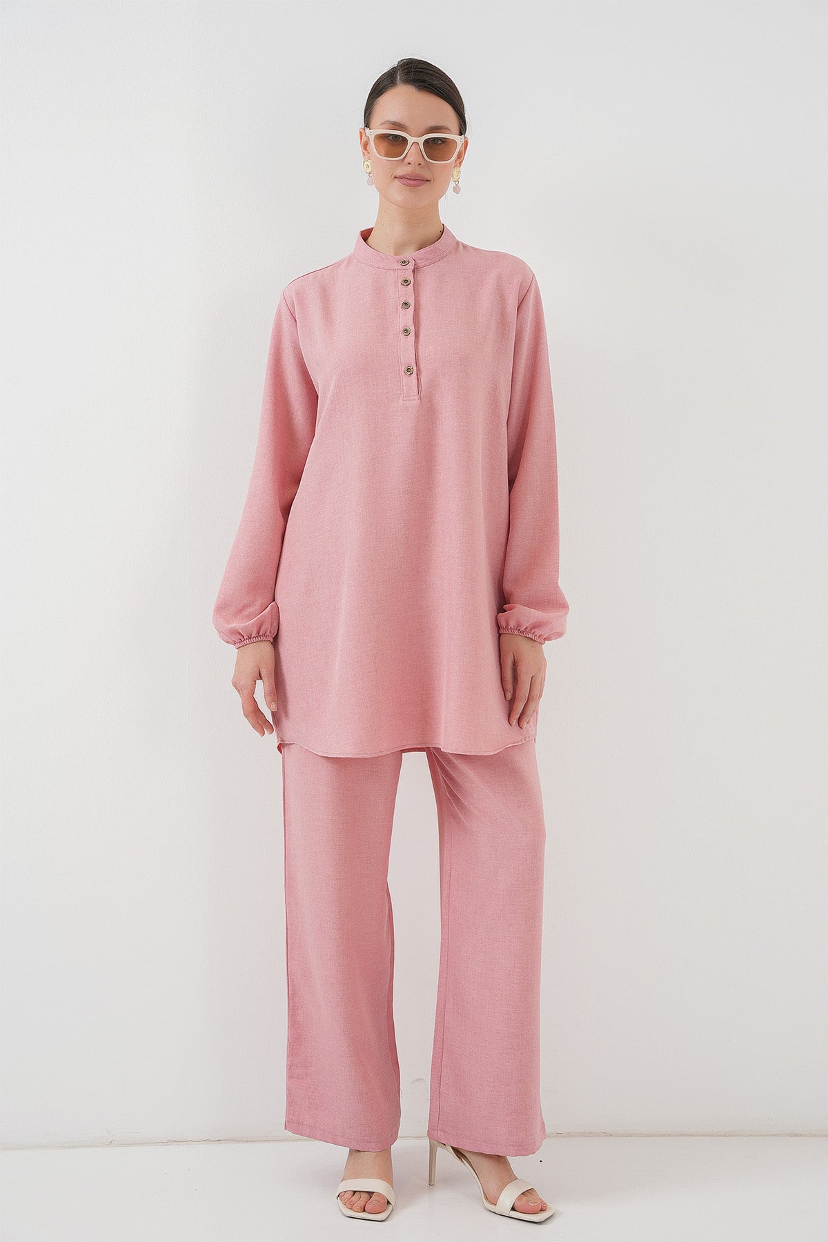 Image of 6678 Keten Tunik Pantolon İkili Takım - Pembe