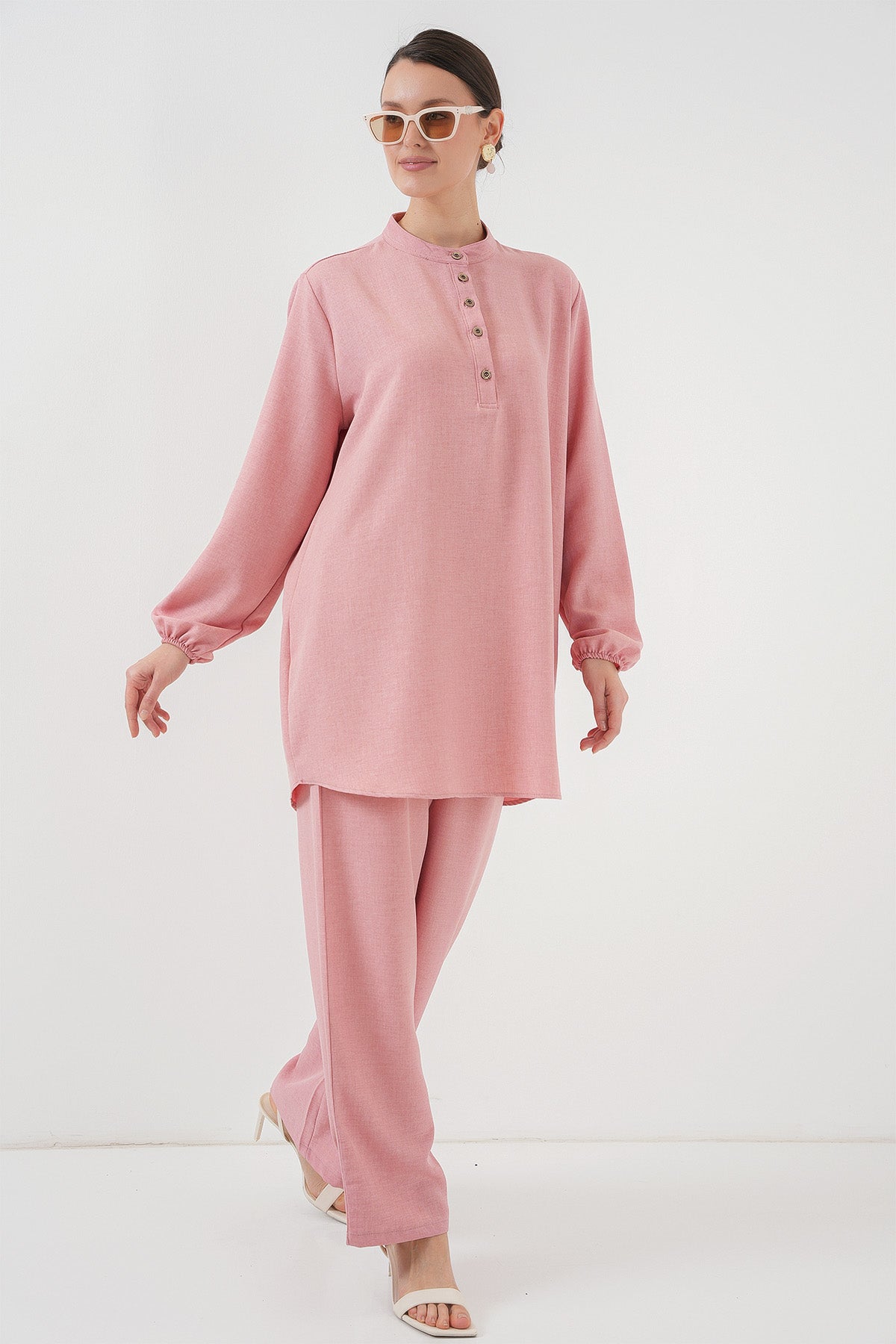 Image of 6678 Keten Tunik Pantolon İkili Takım - Pembe