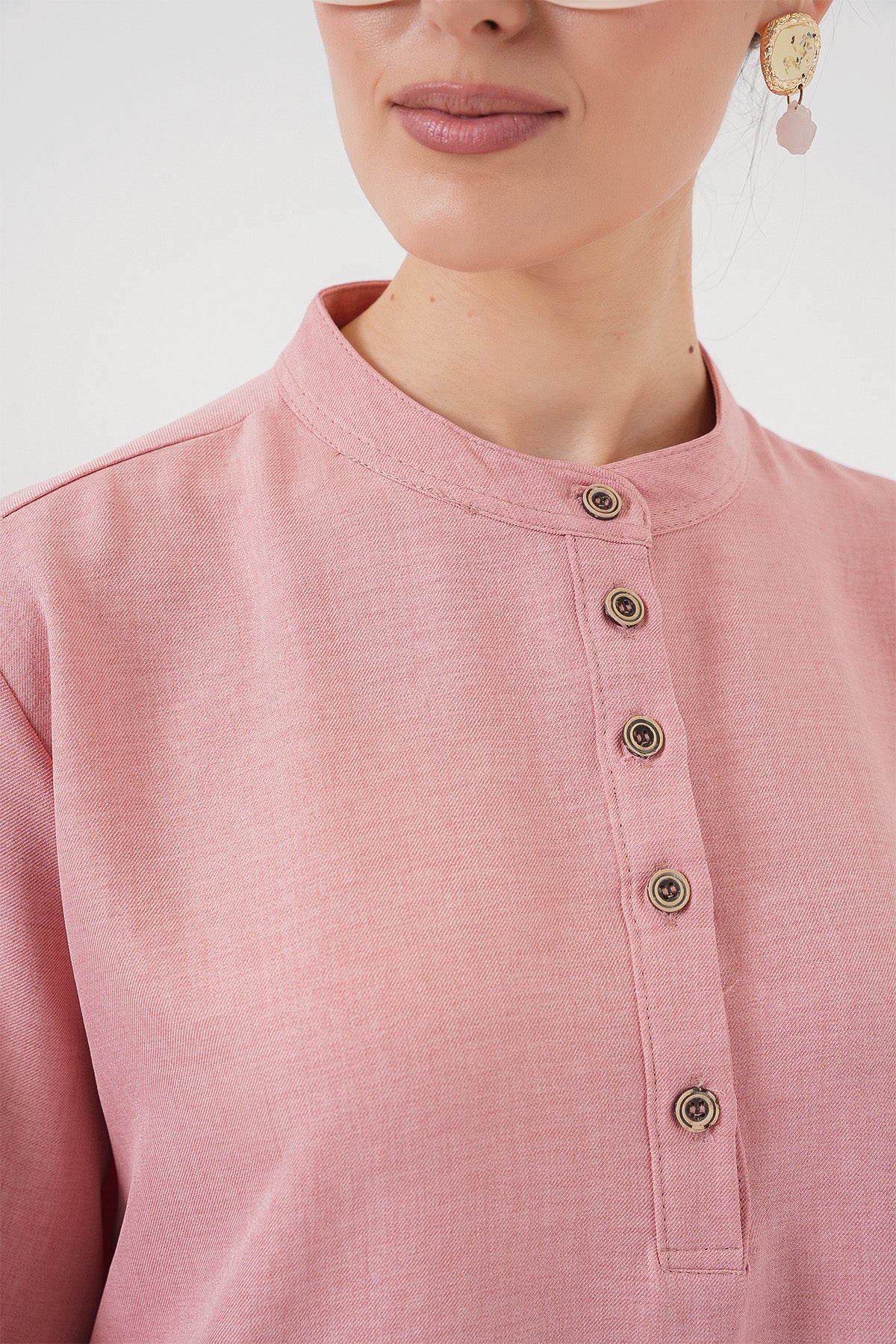 Image of 6678 Keten Tunik Pantolon İkili Takım - Pembe