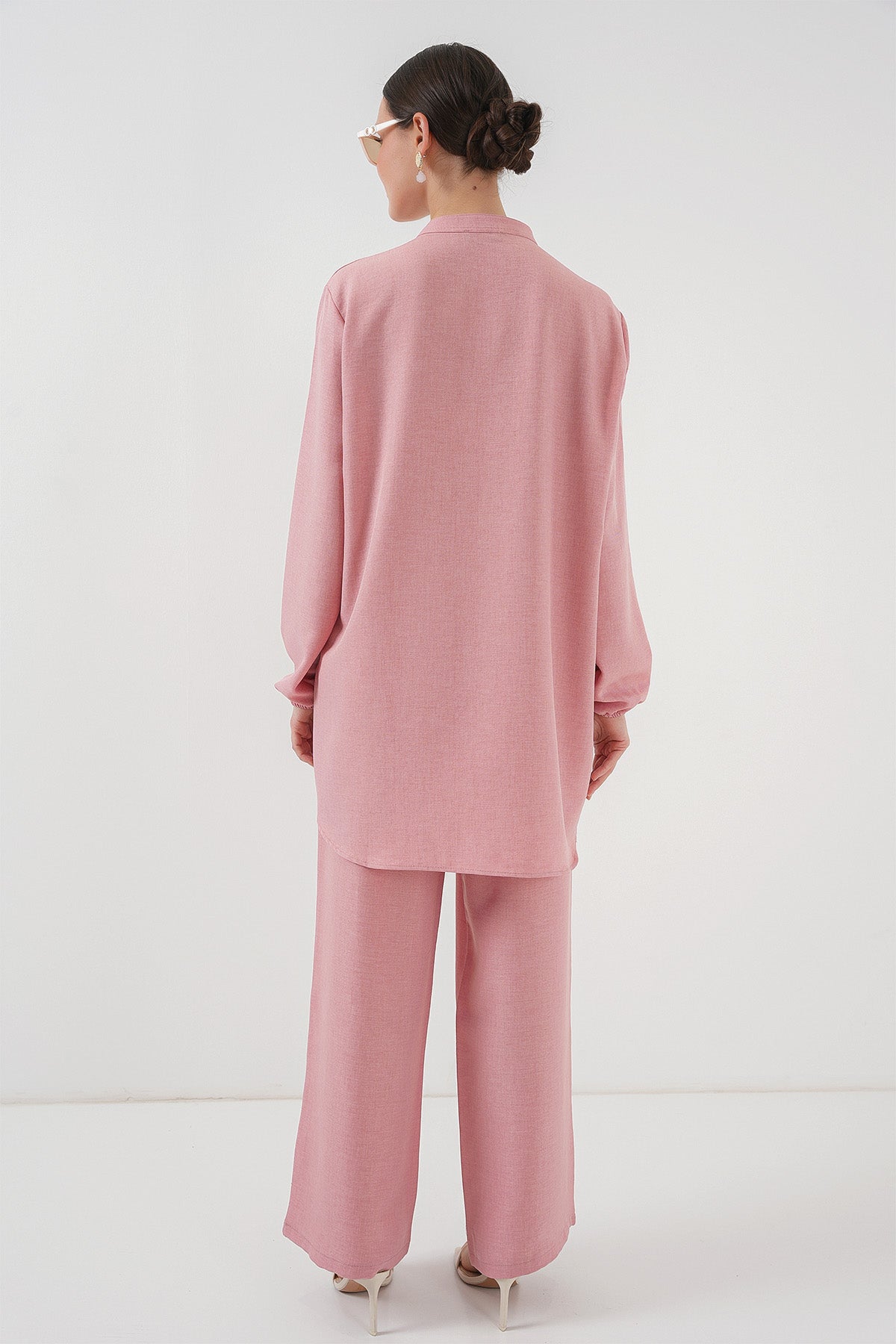 Image of 6678 Keten Tunik Pantolon İkili Takım - Pembe