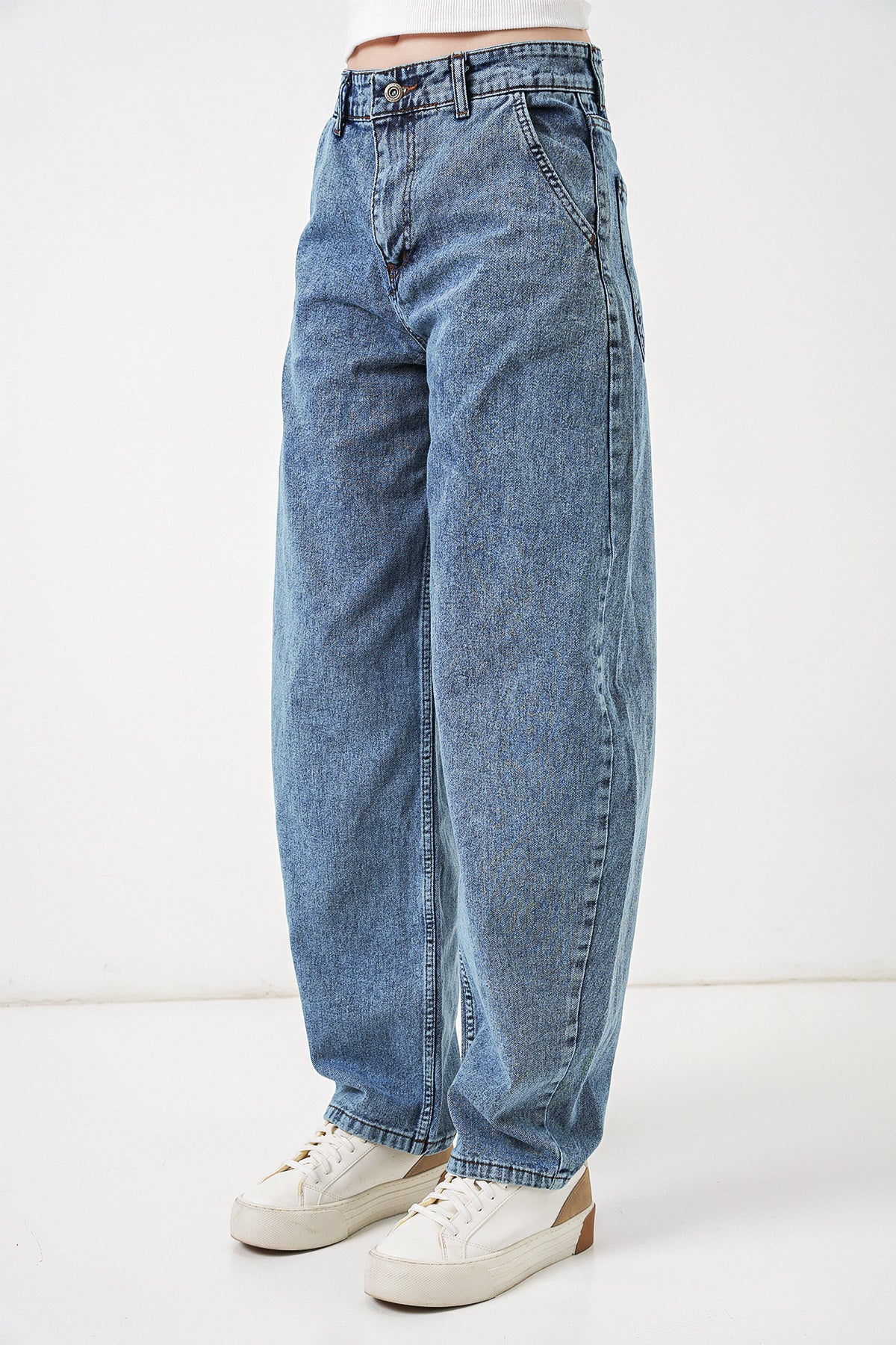 Image of 6689 Kadın Yüksek Bel Baggy Kot Pantolon - Mavi