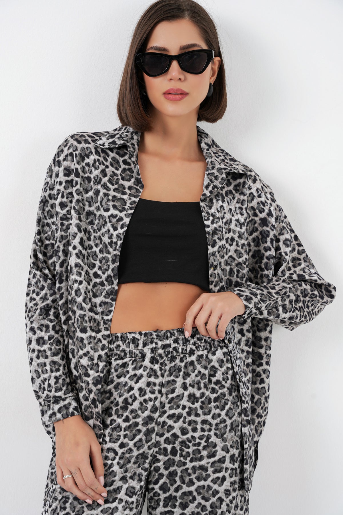 Image of 6699 Leopar Desenli Alt Üst Takım - Antrasit