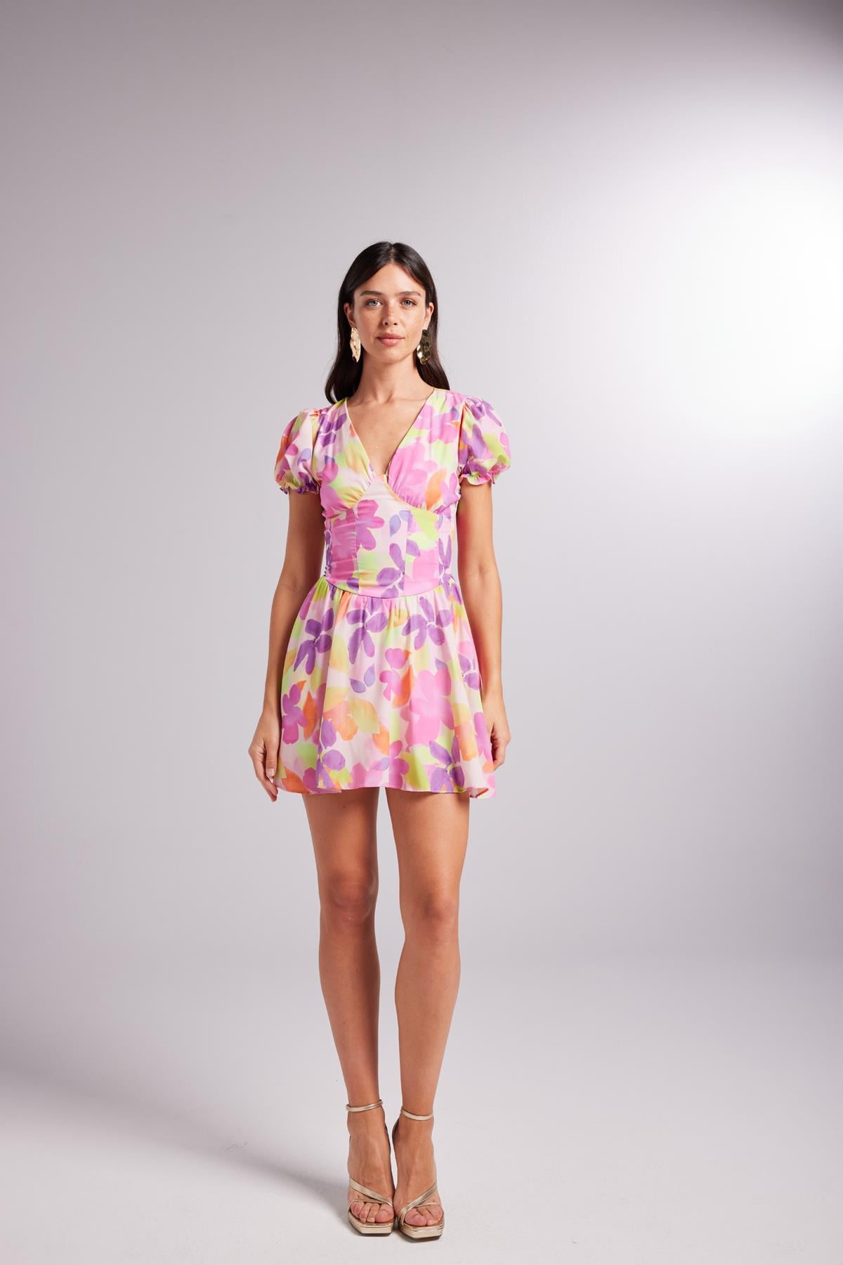 Image of Beli Korse Detaylı Çiçekli Mini Manica Elbise Pembe