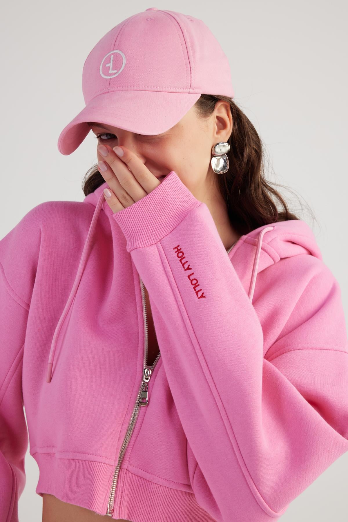 Image of Kadın Pembe Kapüşonlu Uzun Kol Fermuarlı Crop Mixed Sweat