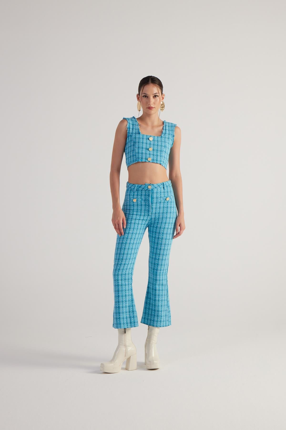 Image of İspanyol Kesim Tüvit Tweed Pantolon Mavi