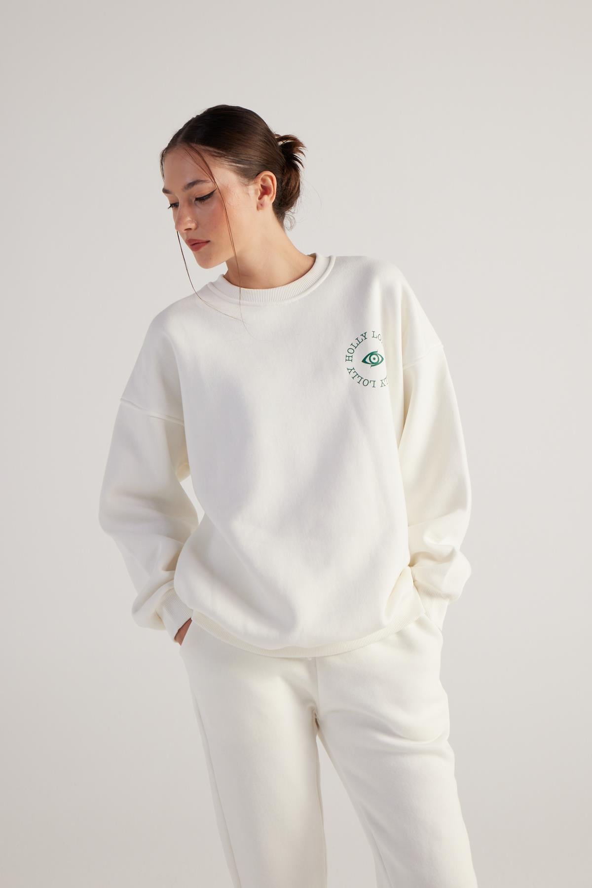 Image of 3 İplik Şardonlu Uzun Kol Bisiklet Yaka Fine Sweatshirt Ekru