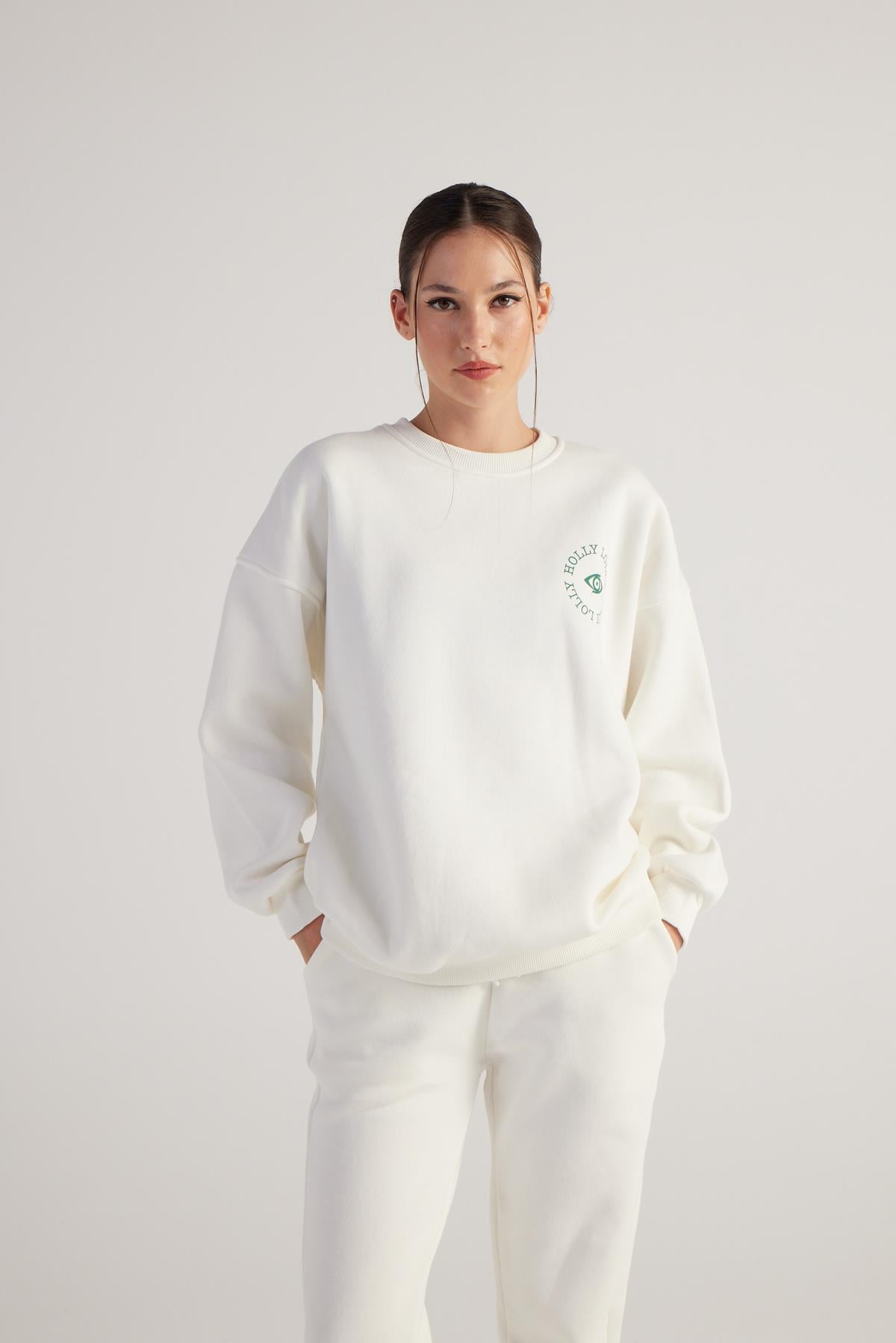 Image of 3 İplik Şardonlu Uzun Kol Bisiklet Yaka Fine Sweatshirt Ekru