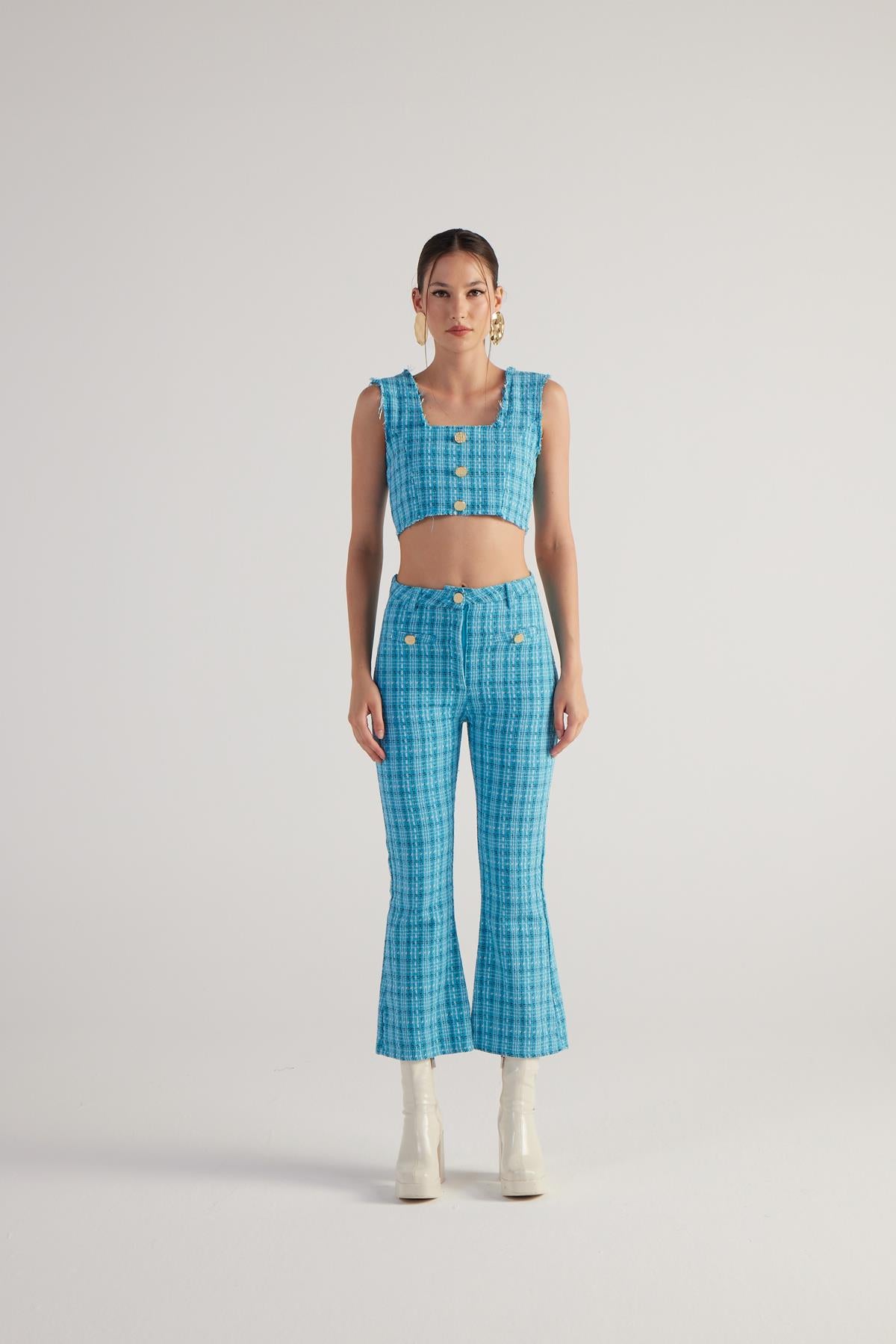 Image of İspanyol Kesim Tüvit Tweed Pantolon Mavi