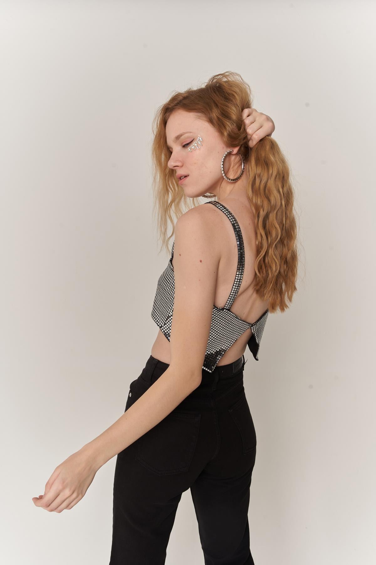 Image of Straplez Askılı Glammy Crop Gümüş