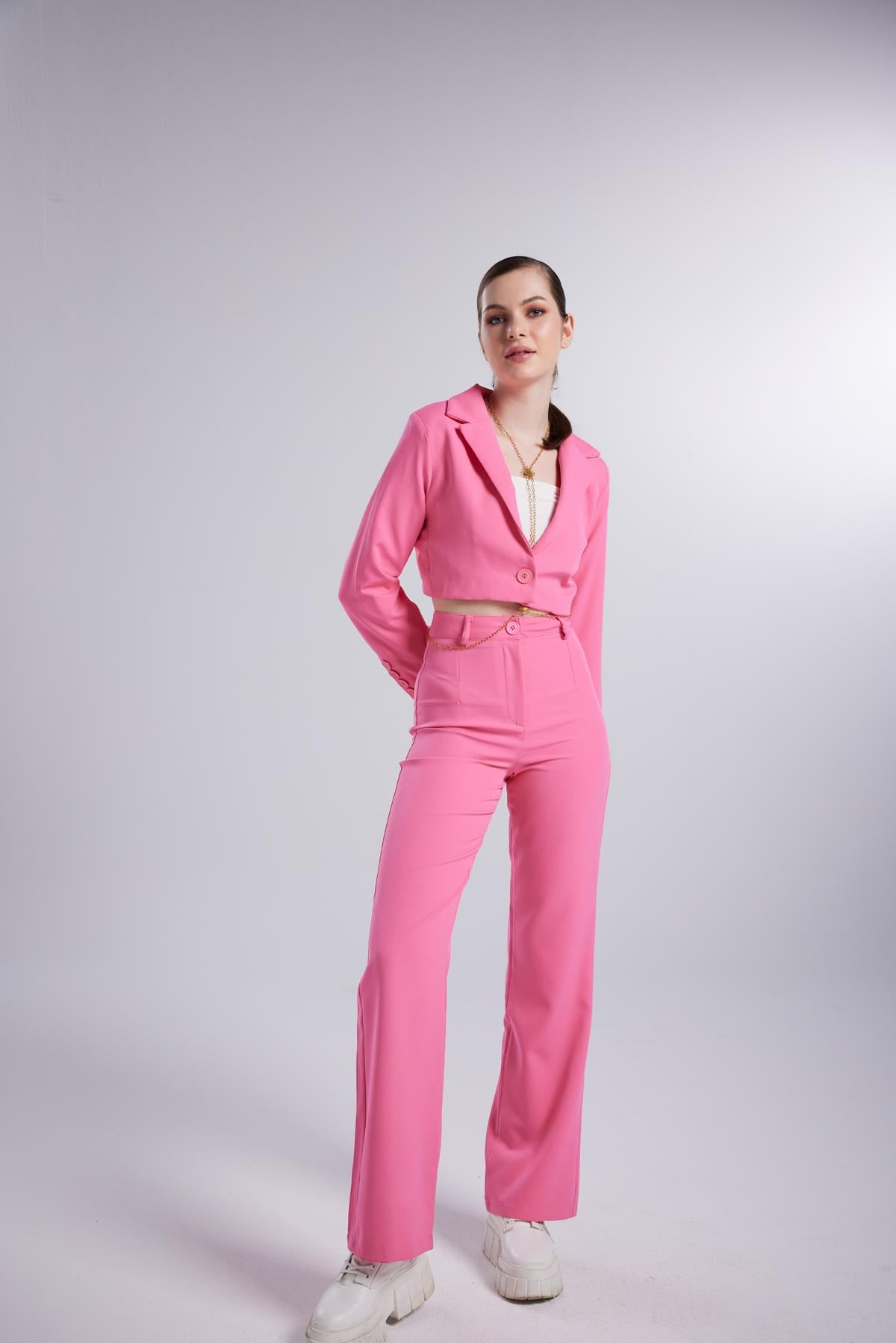Image of Yüksek Bel Düğme Kapamalı Panky Pantolon Pembe