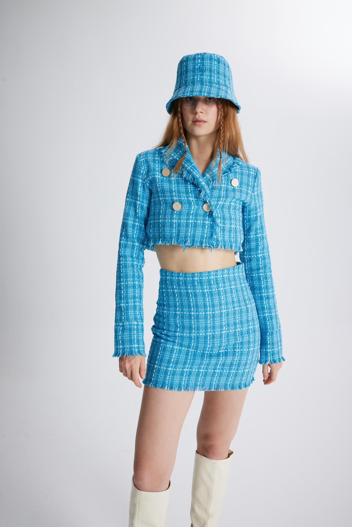 Image of Tüvit Kumaş Crop Tweed Ceket Mavi