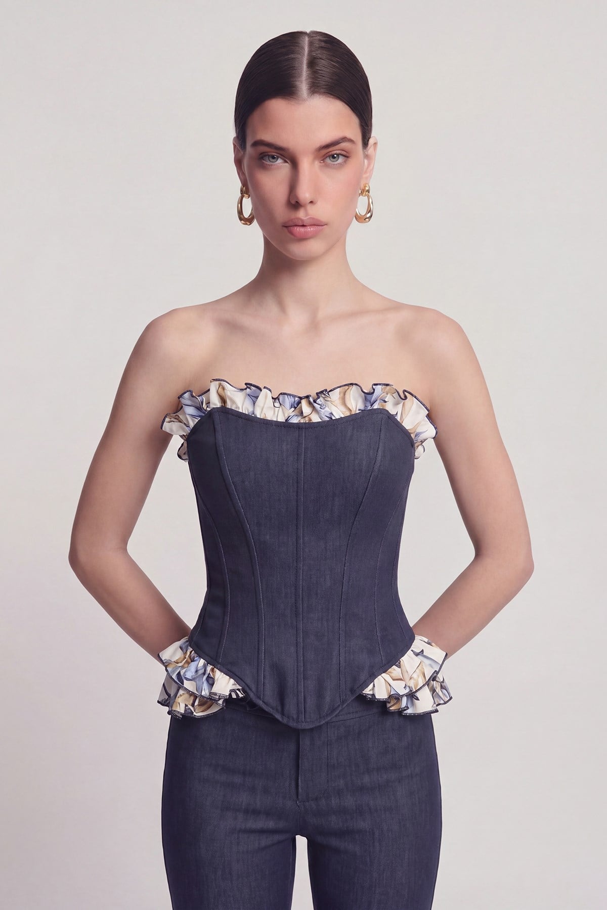 Image of Jean Görünümlü Fırfır Detaylı Korse Venus Büstiyer Lacivert