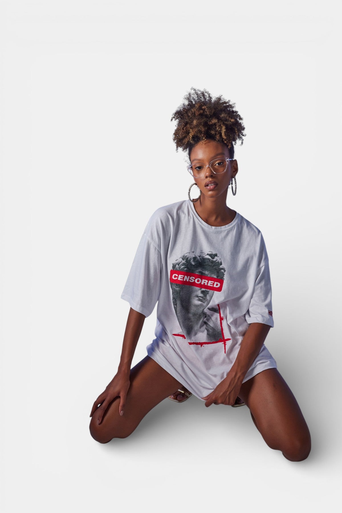 Image of Oversize Baskılı Censored T-Shirt Beyaz