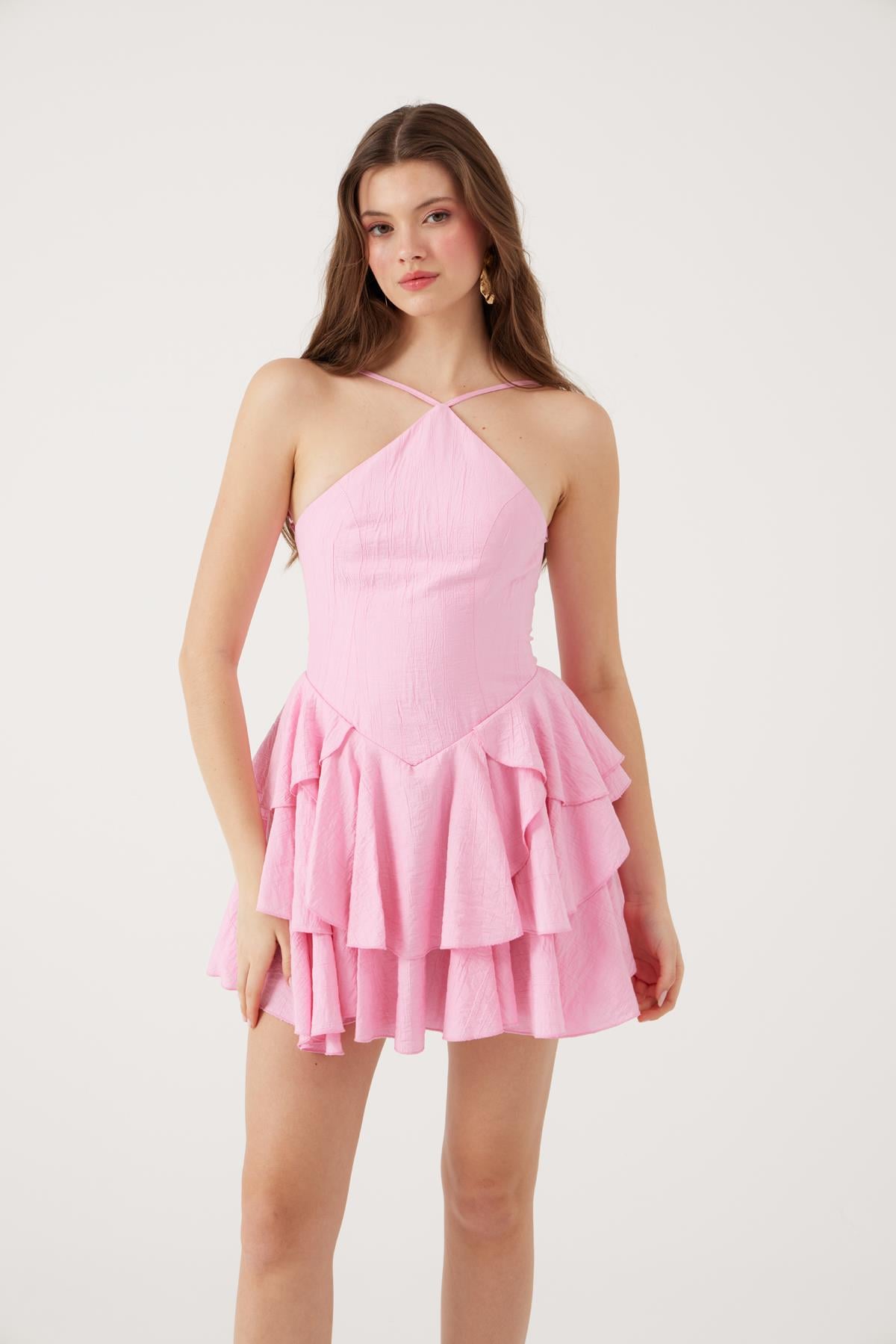 Image of Fırfırlı Halter Yaka Mini Keira Elbise Pembe