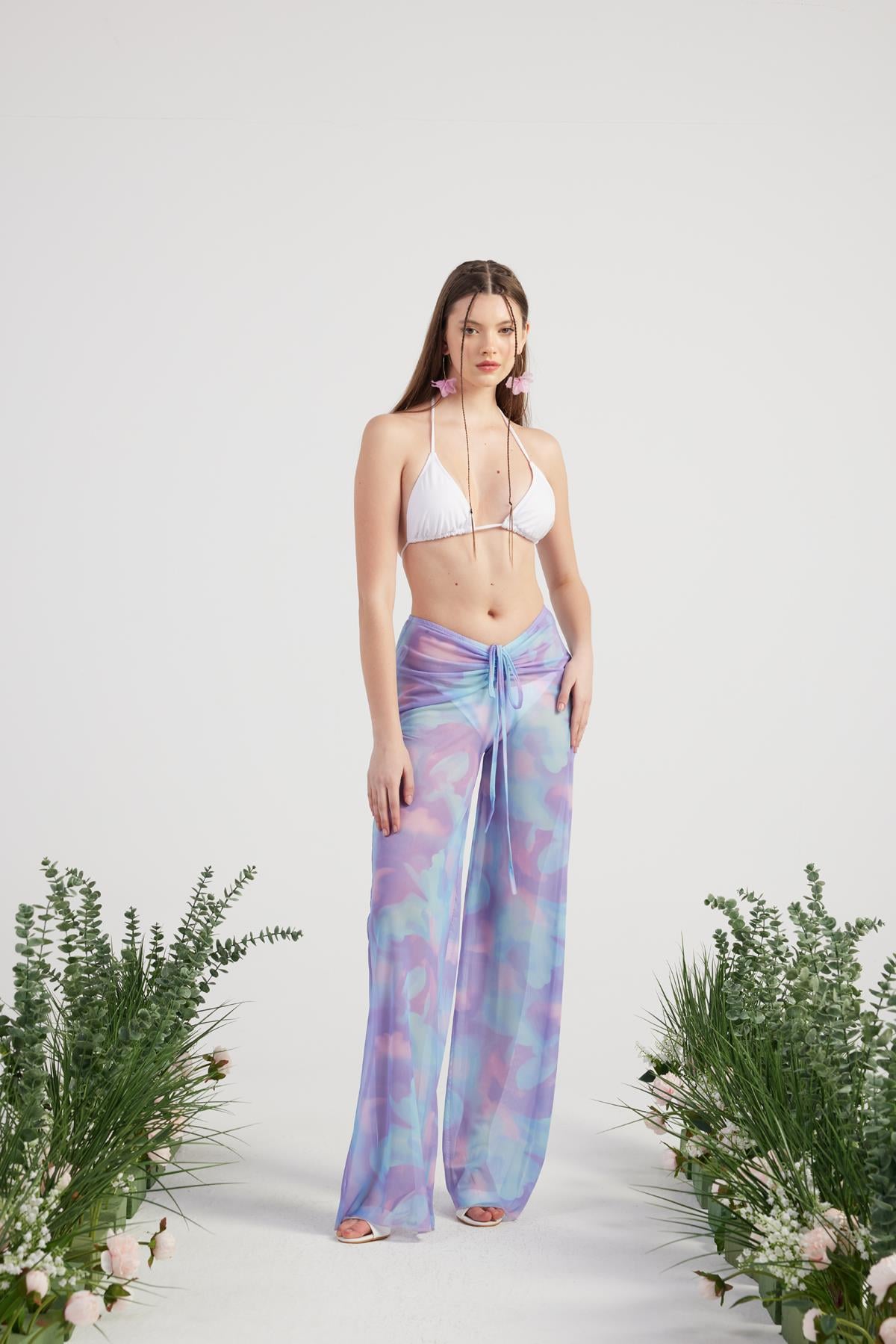 Image of Beli İp Detaylı Tül Pareo Shirred Pantolon Lila
