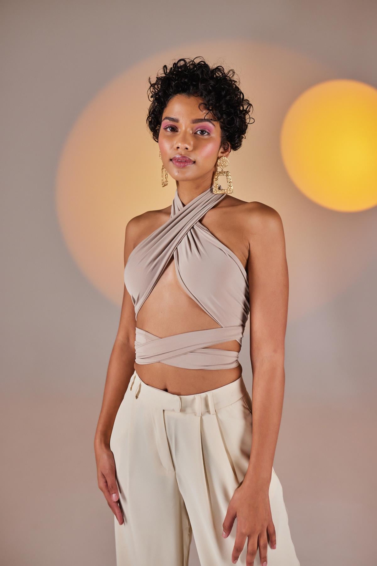 Image of Crop Model Wrap Top Bej