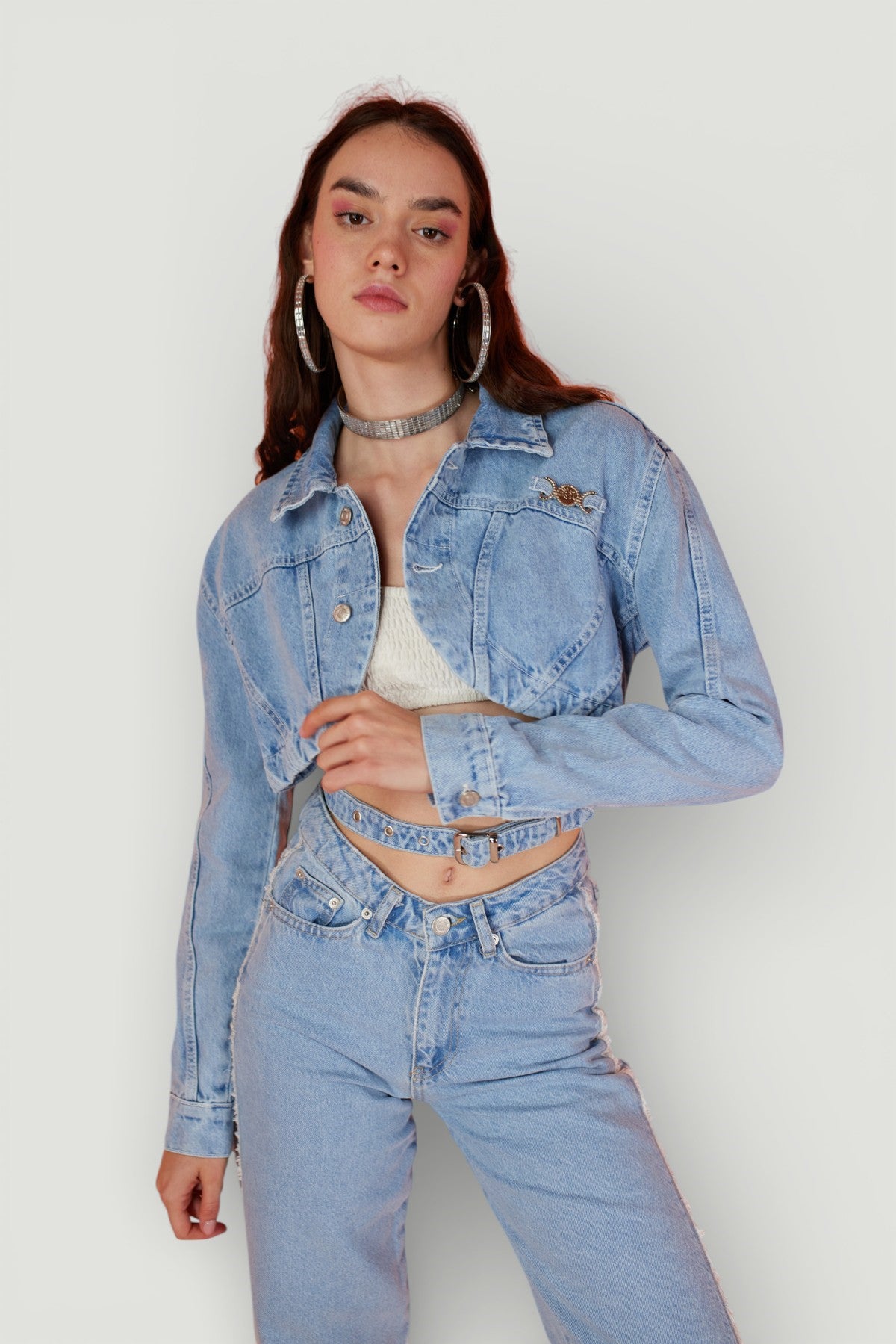 Image of Crop Model Düğme Kapamalı Biana Jean Ceket Mavi