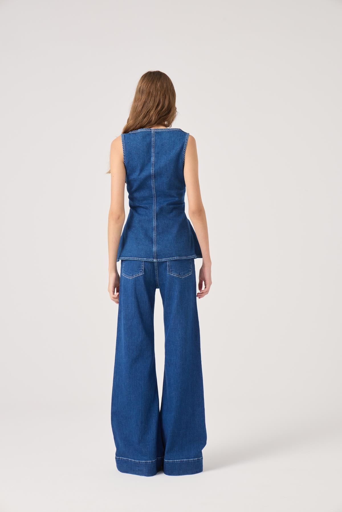 Image of Kontrast Dikişli Geniş Paça Tiara Jean Pantolon Mavi