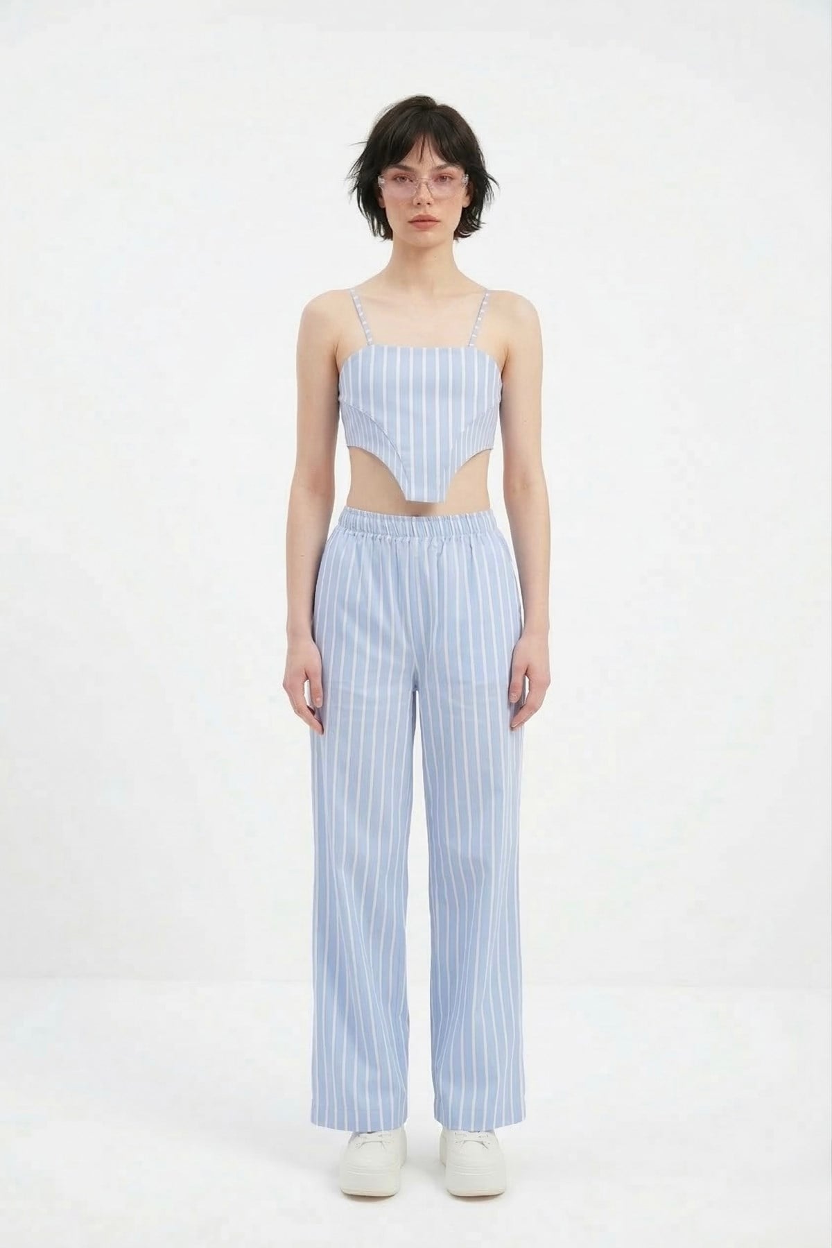 Image of Beli Lastikli Çizgili Harmony Poplin Pantolon Mavi