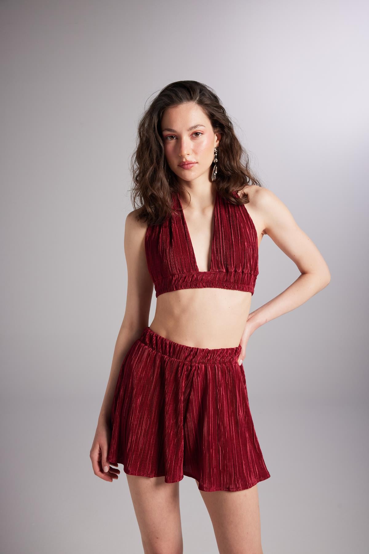 Image of Beli Lastikli Mini Comfy Şort Bordo