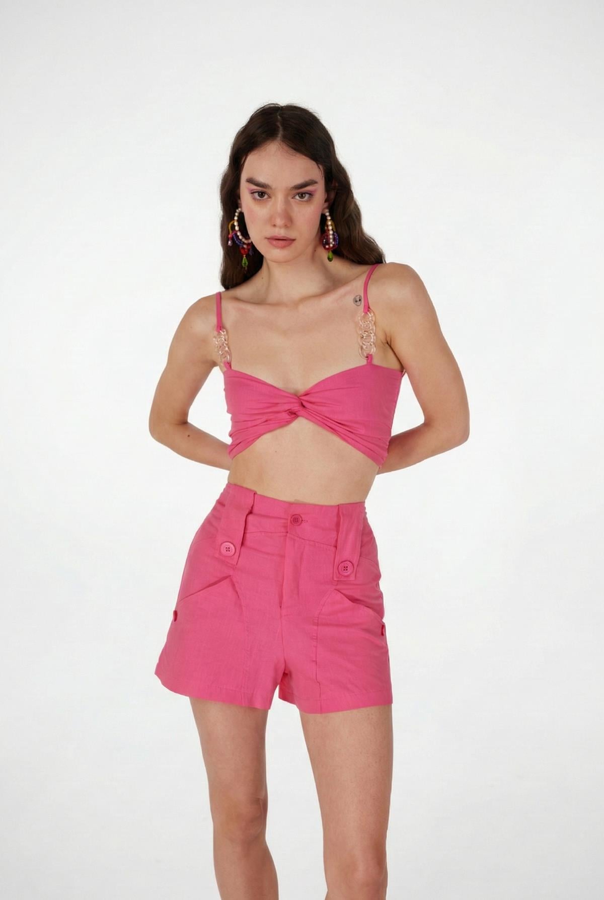 Image of Koton Kumaş Şeffaf Rise Zincir Detaylı Bluz Pembe